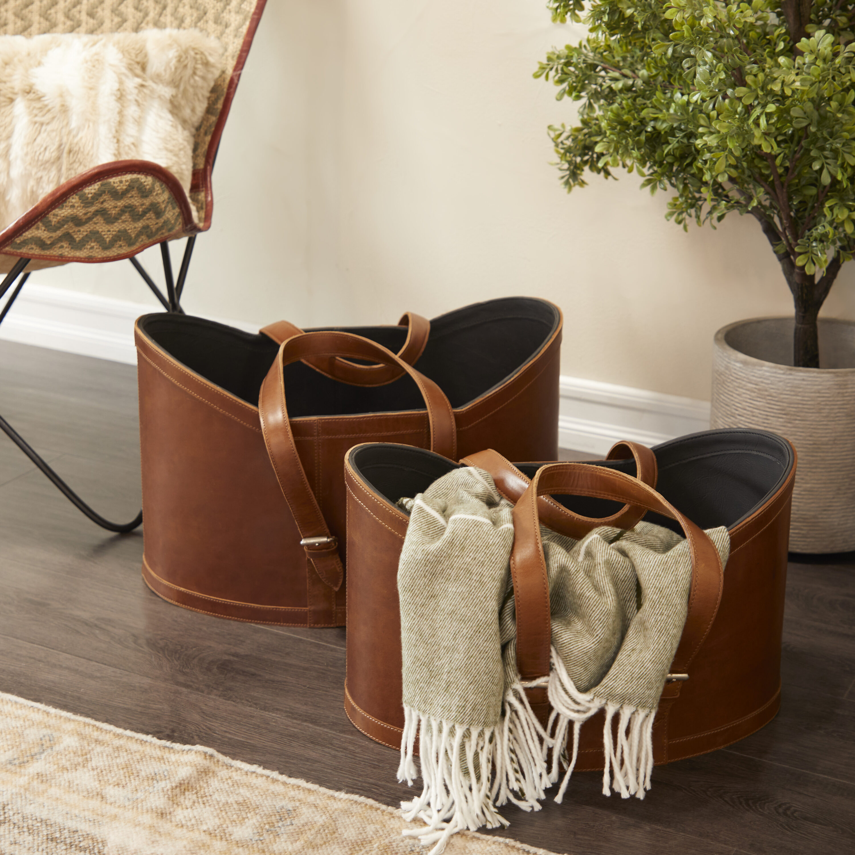 Grayson Lane 79821 2 -Pack ( 16-in W x 15-in H x 21-in D ) Brown Handmade Oval with Handles Leather Basket