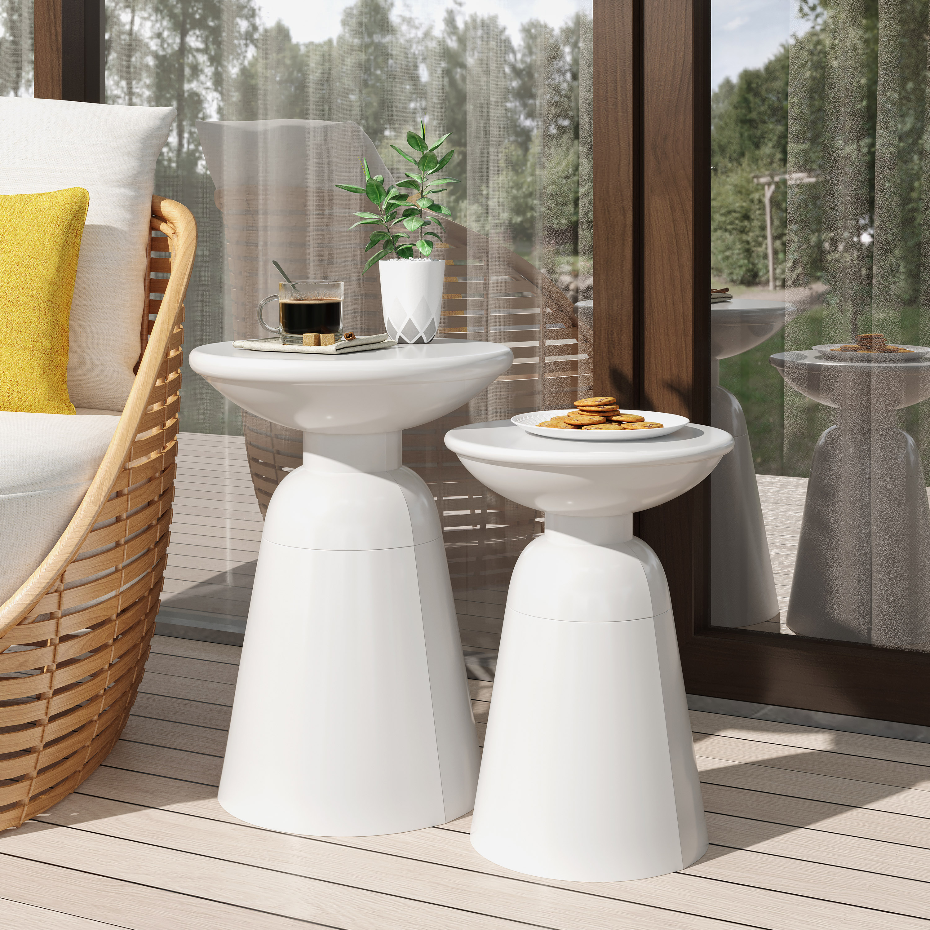 ModernLuxe L-73614.00WHI Outdoor Iron Side Tables with Flared Design, Set of 2 Round Outdoor End 15-in W x 15-in L