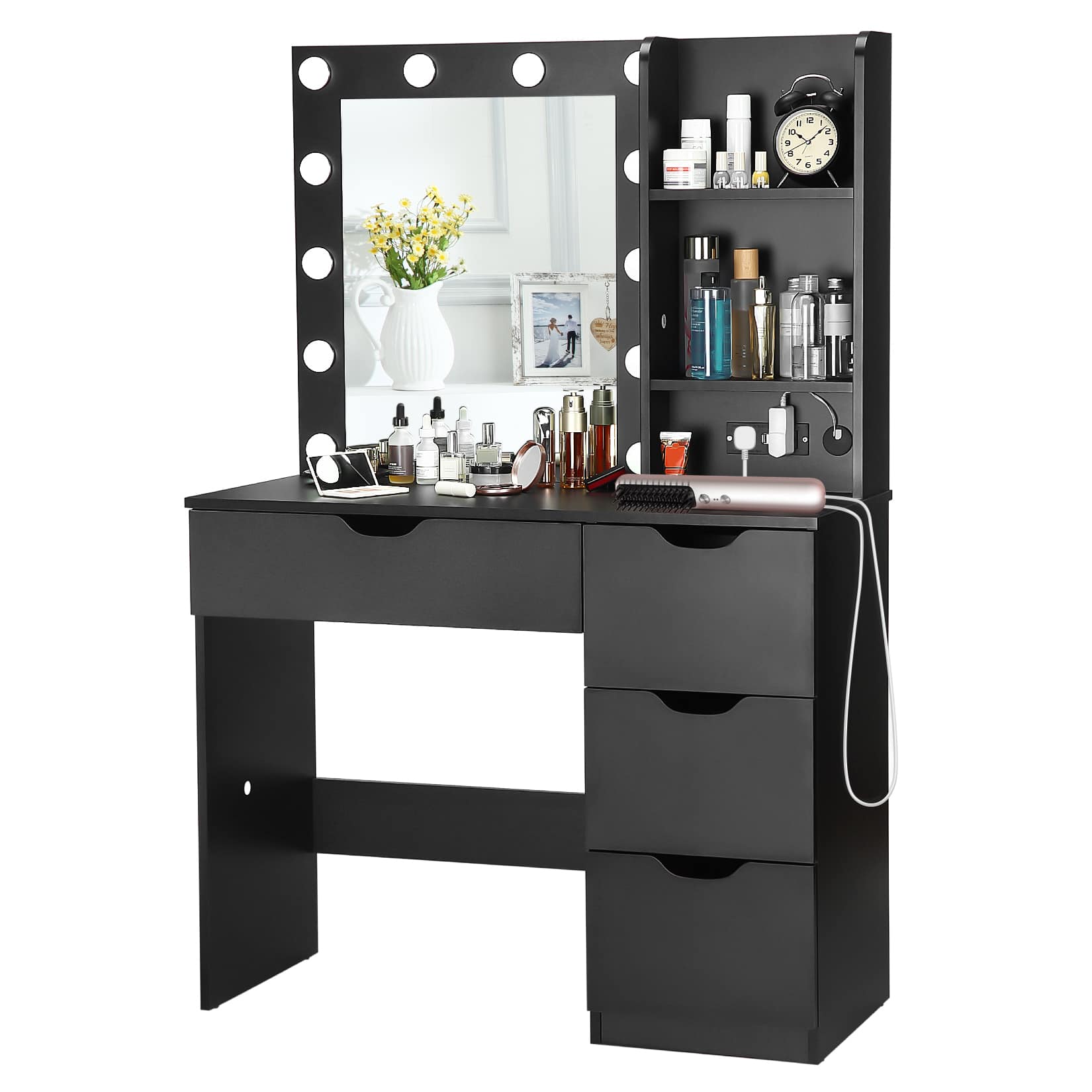 Qeetex JXNAG-PHO-0Y7TC5V8 Makeup Vanity with Lights Vanity Desk with Charging Station Storage Shelf 4 Drawers Makeup Table with Lighted Mirror 3 Lighting Modes Brightness Adjustable Bedroom Dressing Table-Black