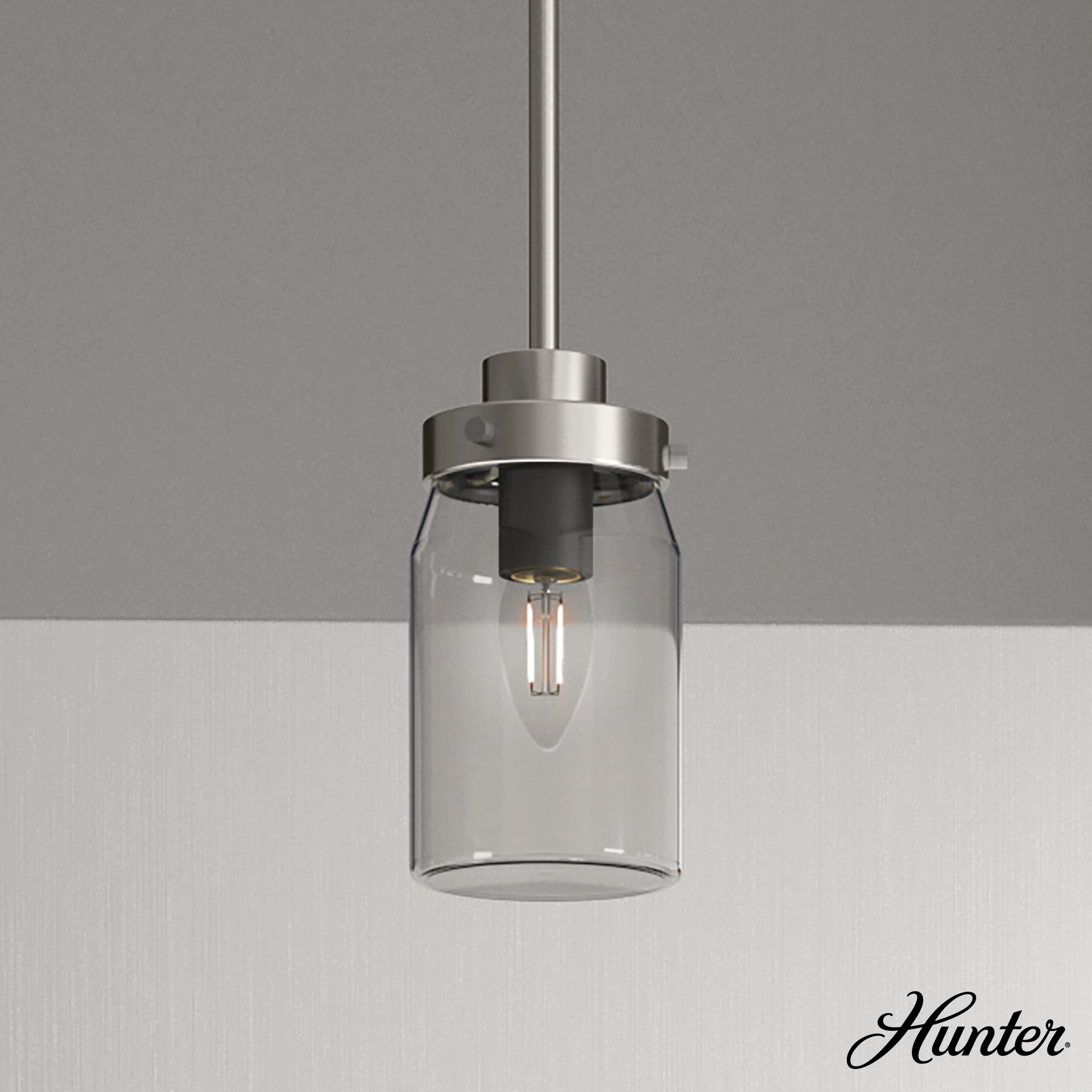 Hunter 19009 Devon Park 1 -Light Brushed Nickel Farmhouse Clear glass Jar Mini Hanging Pendant light