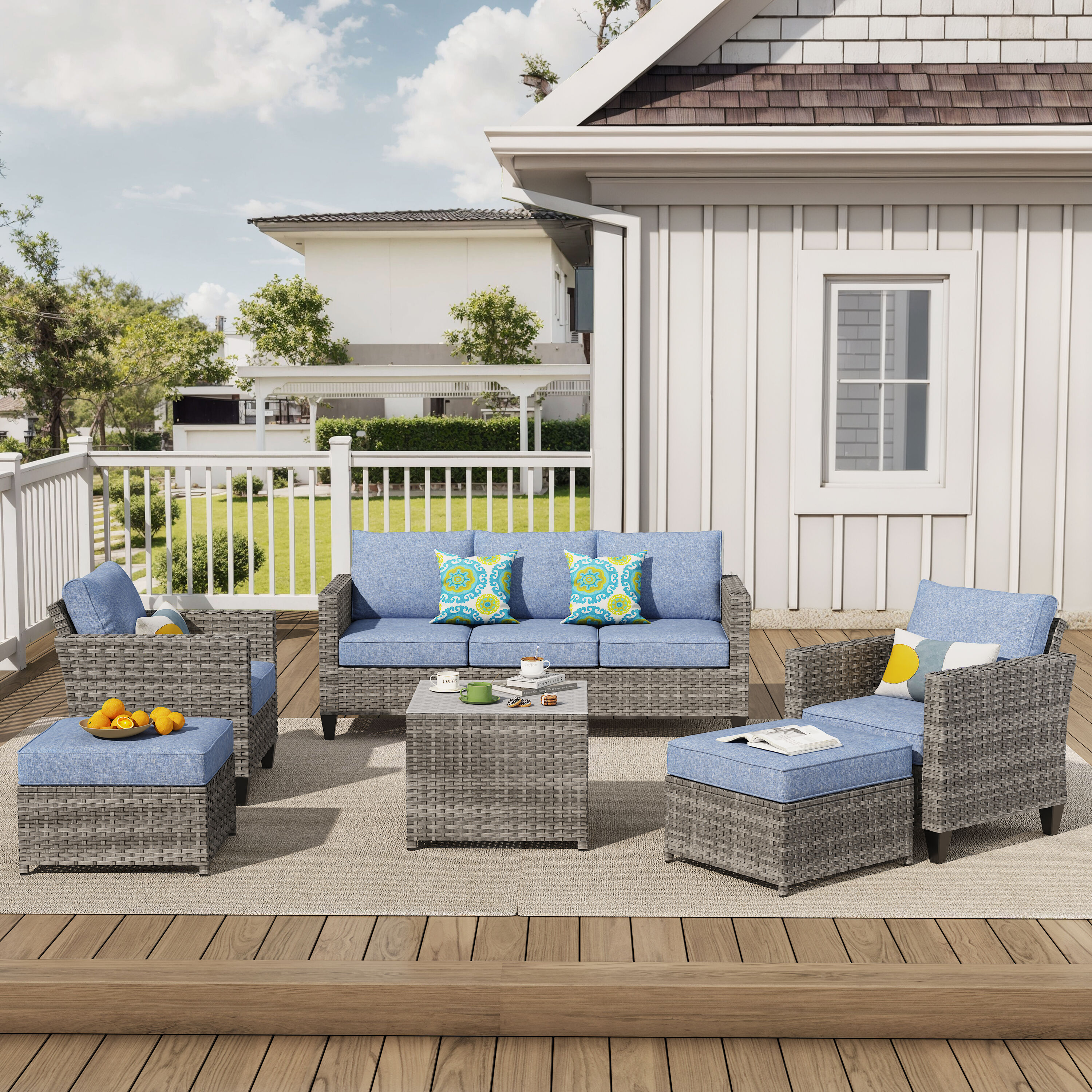 Pouuin SGRS304 6 -Piece Wicker Patio Sofa Conversation Set with Blue Cushions