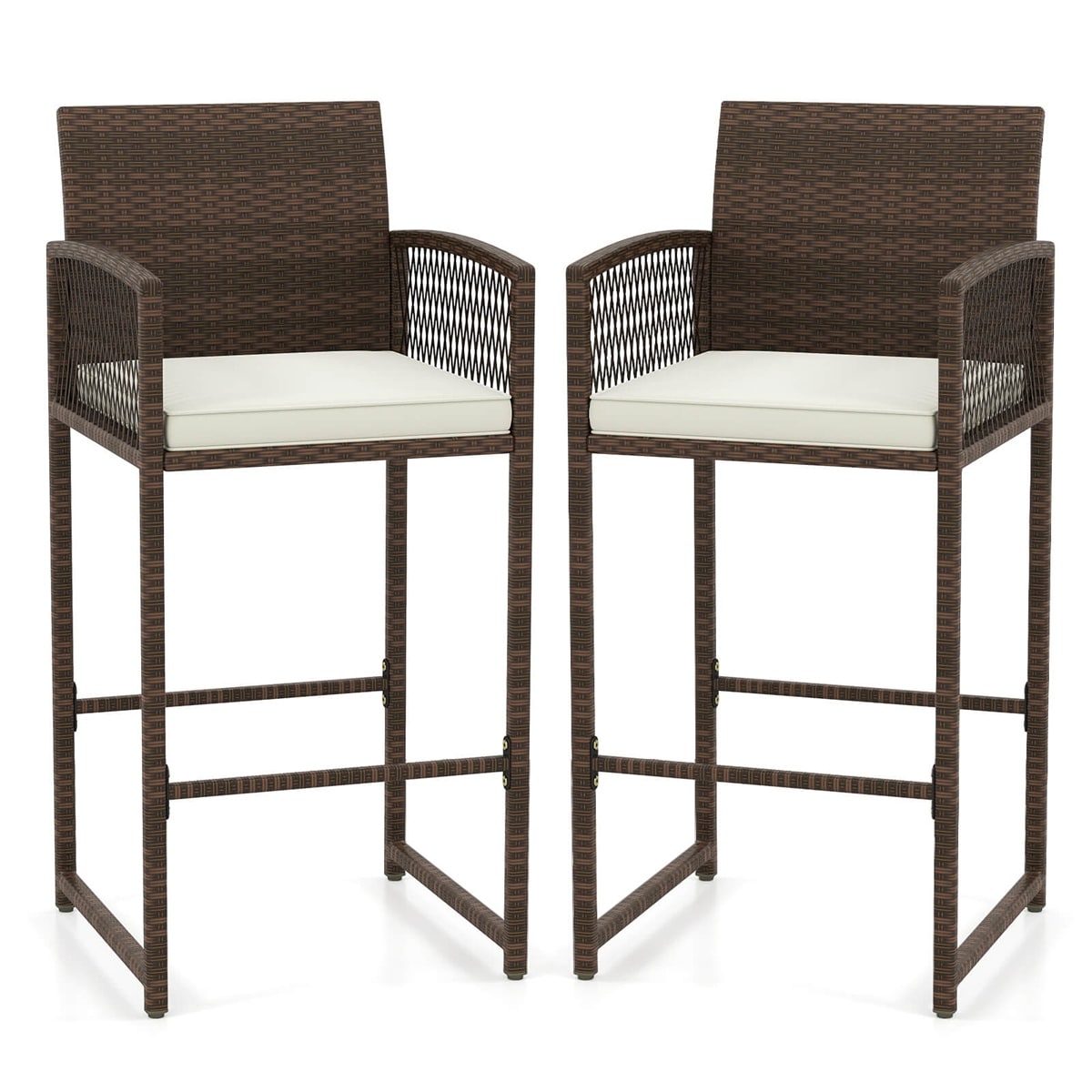 Costway HCST07449 Patio Bar Stools Set of 2 PE Rattan Bar Height Chairs with Backrests and Armrests