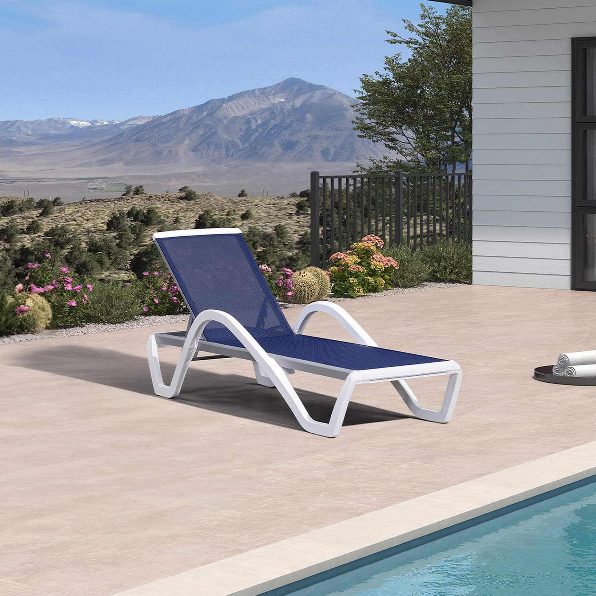 PURPLE LEAF LS04-DC-AW-CR Outdoor Plastic Textilene Chaise Lounge 1 chair Aluminum Frame Spring motion Chaise Lounge Chair with Blue Mesh Seat