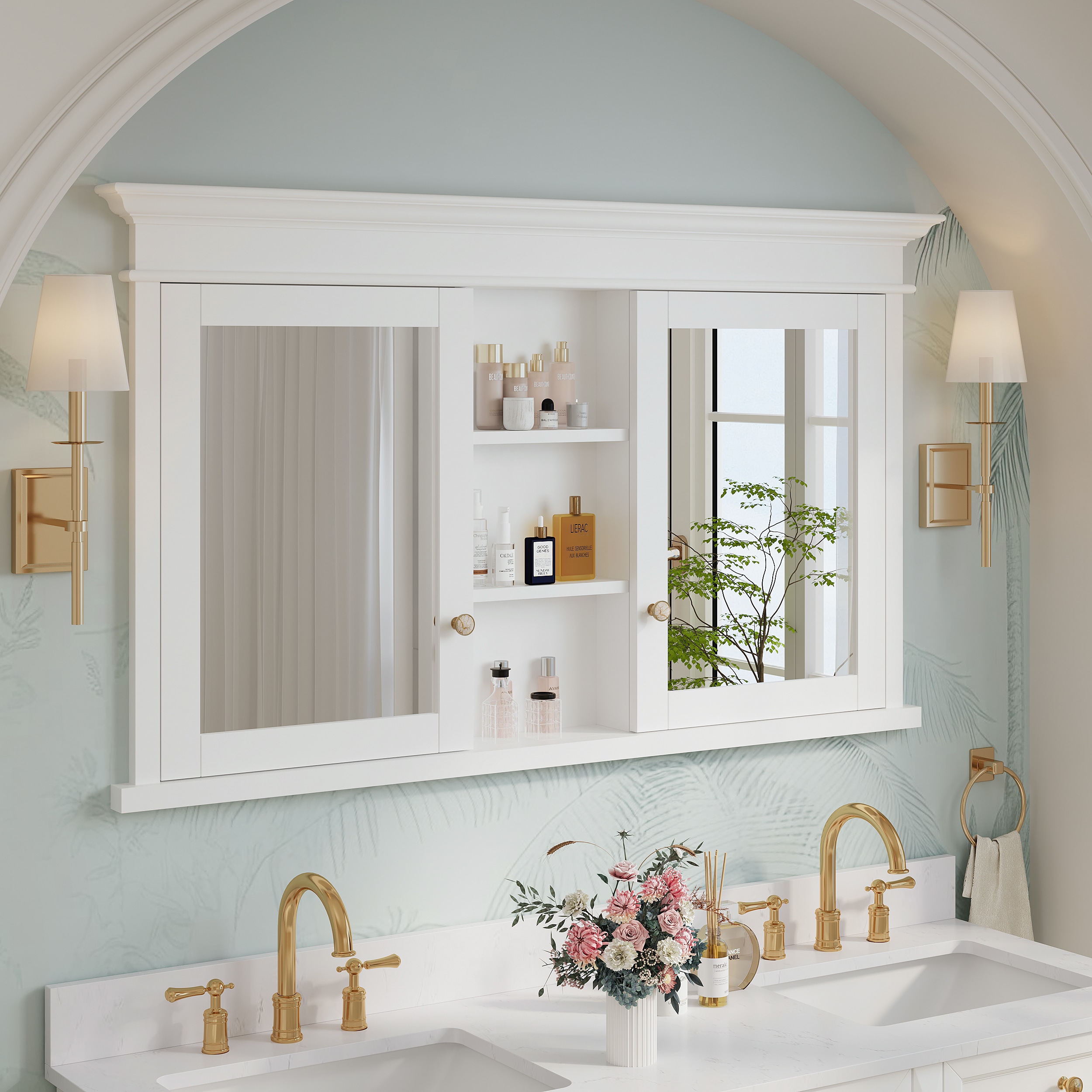 WELLFOR BCB1924BRE -WF GRACE Solid Wood 55-in x 32-in Recessed Mount White Mirrored Rectangle Soft Close Medicine Cabinet