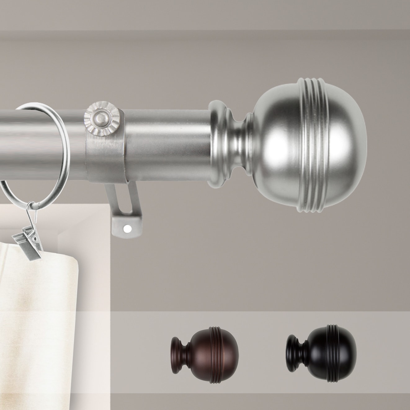 Hart & Harlow LO-150-26-48-5 1.5-in Jackson 48-in to 84-in Satin Nickel Steel Single curtain rod with Finials