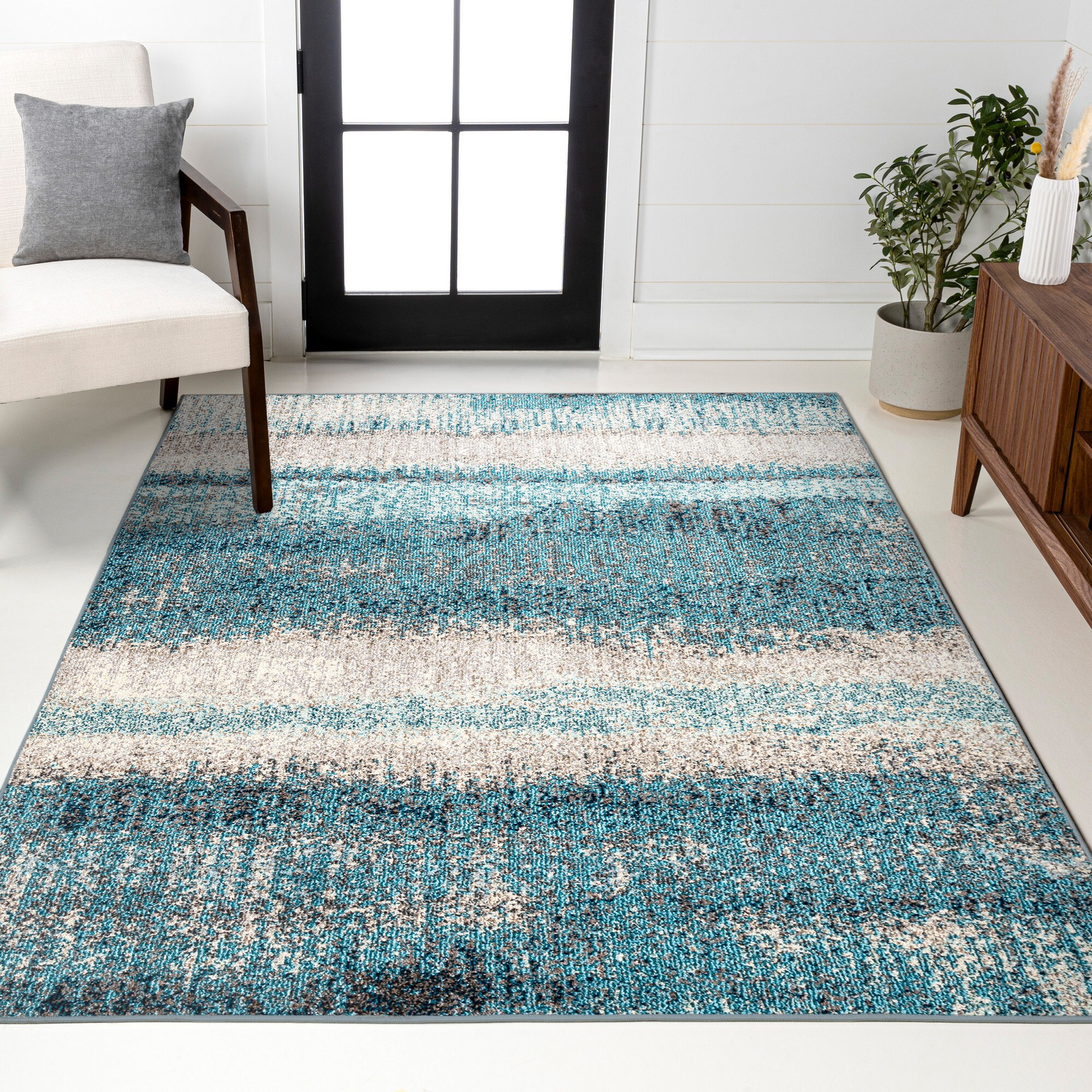 JONATHAN  Y CTP105C-3 CONTEMPORARY POP Abstract Vintage 3 x 5 (ft) Loomed Cream/Turquoise Rectangular Indoor Abstract Vintage Pet Friendly Area rug