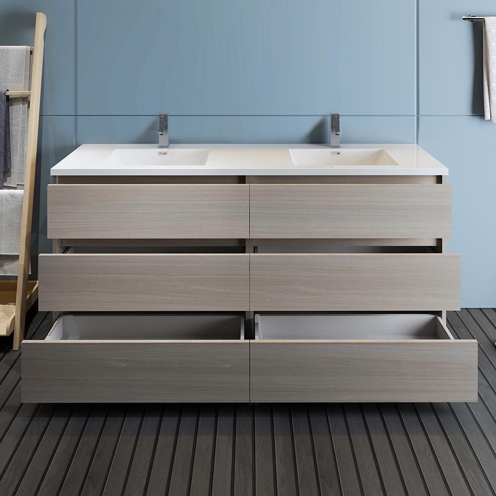 Gray Wood 72" Freestanding Double Sink Bathroom Vanity with Acrylic Top