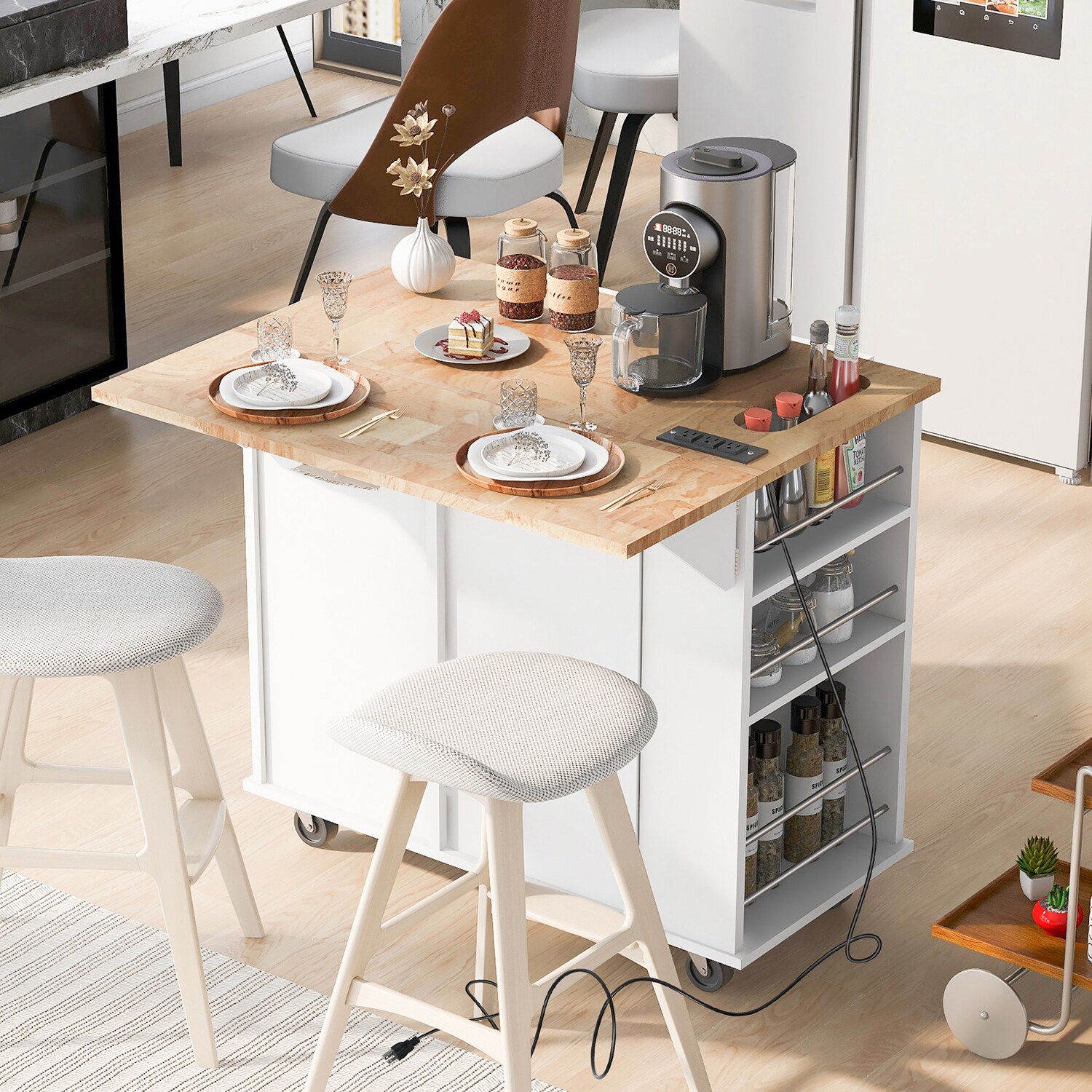 SINOFURN Black Mdf Base with Wood Top Rolling Kitchen Cart (29.3-in x 39.8-in x 33.7-in)