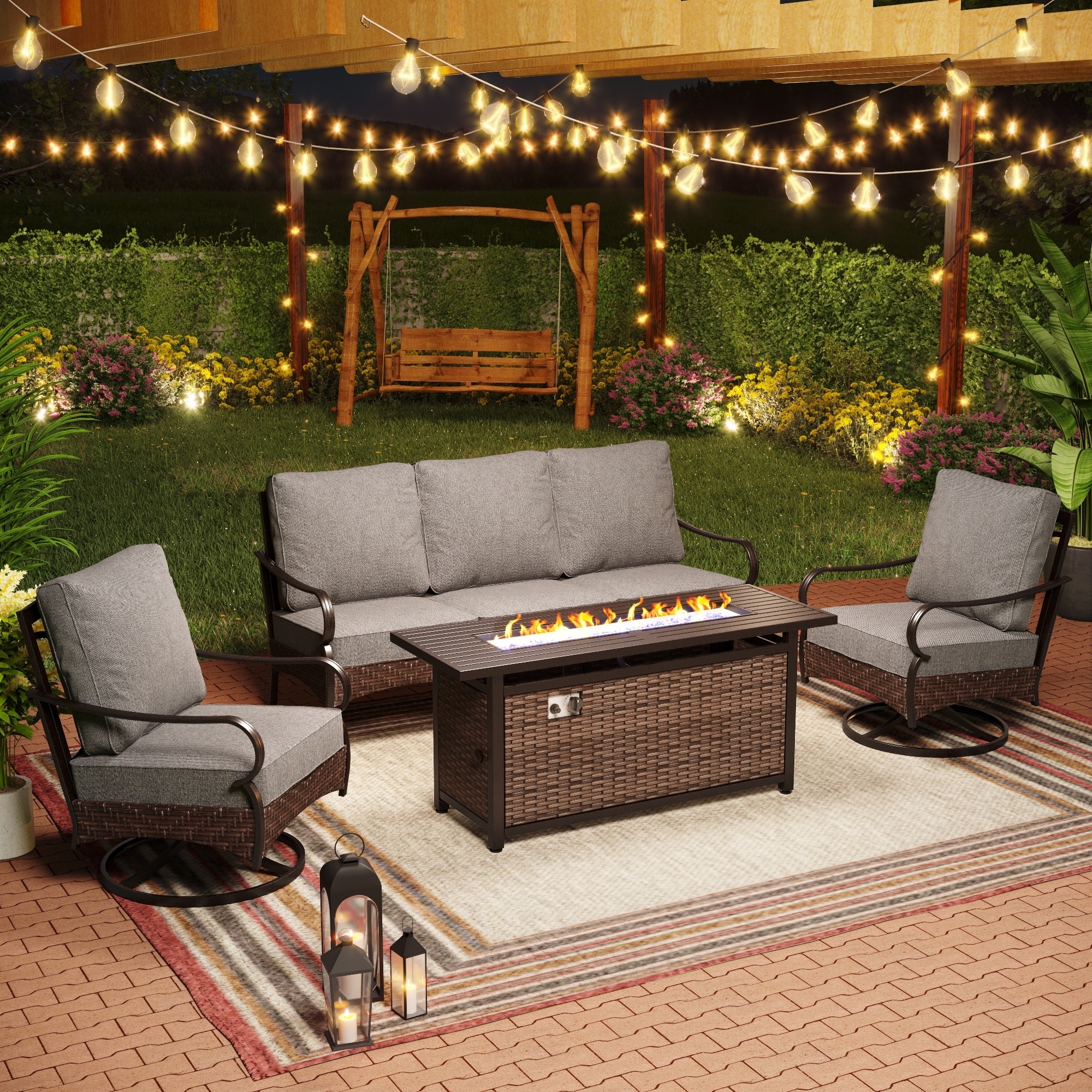 Sunshine Valley R-301-007 Patio Furniture Set with Fire Pit 4 -Piece Wicker Patio Sofa Conversation Set with Gray CUSHION PRO Cushions