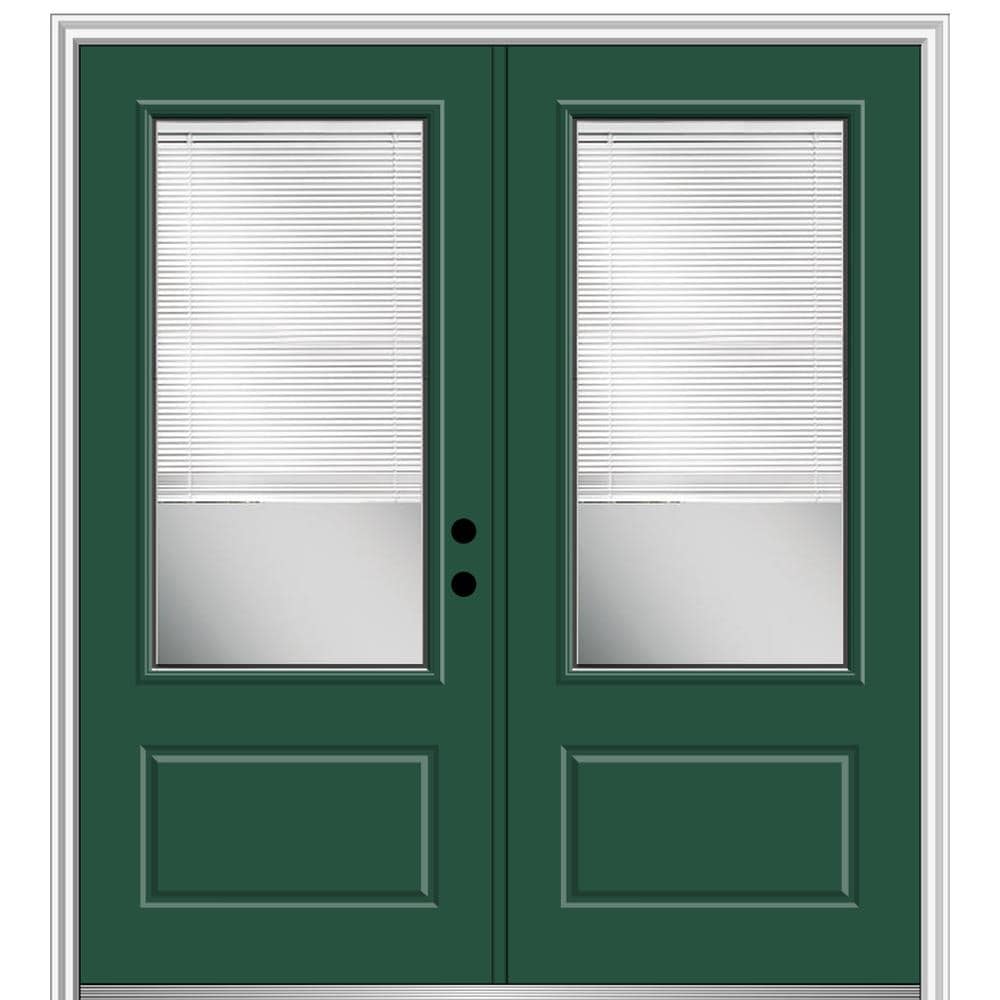 MMI DOOR ZZ04518R 72-in x 80-in x 4-9/16-in Fiberglass 3/4 lite Right-hand inswing Hunter Green Painted Prehung Double Front Door with Brickmould Insulating core with Blinds