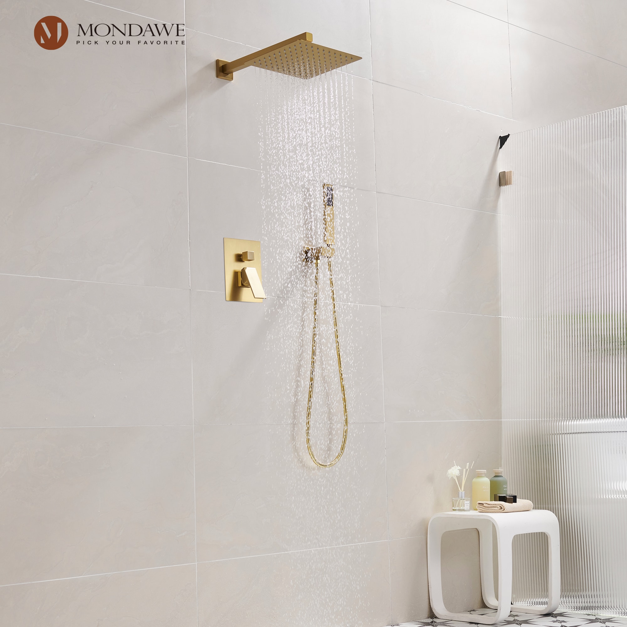 Mondawe Brushed Gold 10 In Built In Shower Faucet System With 2 Way Diverter Pressure Balanced 5977