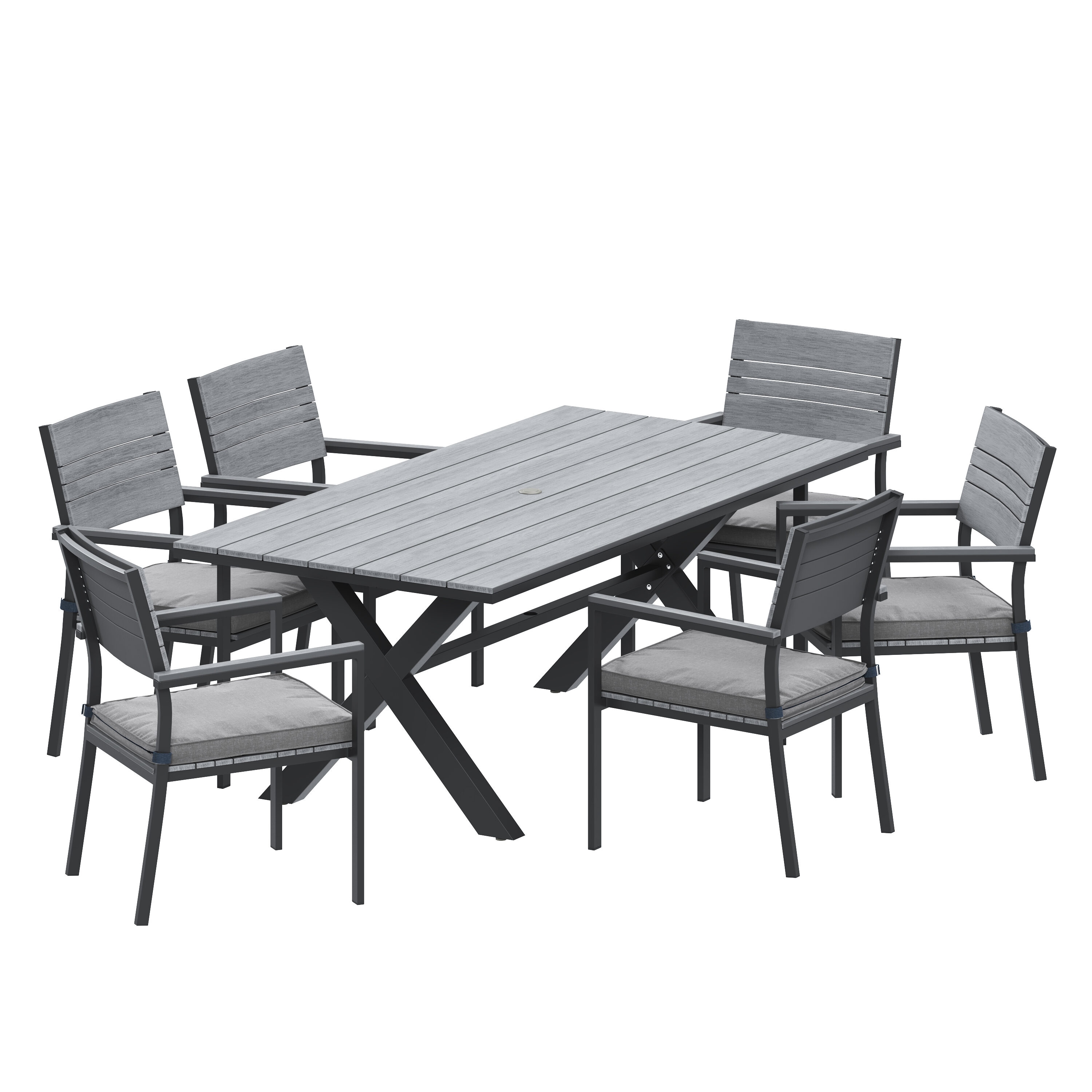 Octans SL2C00076 Audie 7 -Piece Black Patio Dining Set Aluminum Rectangle Table with 6 Gray Cushions Stationary Chairs