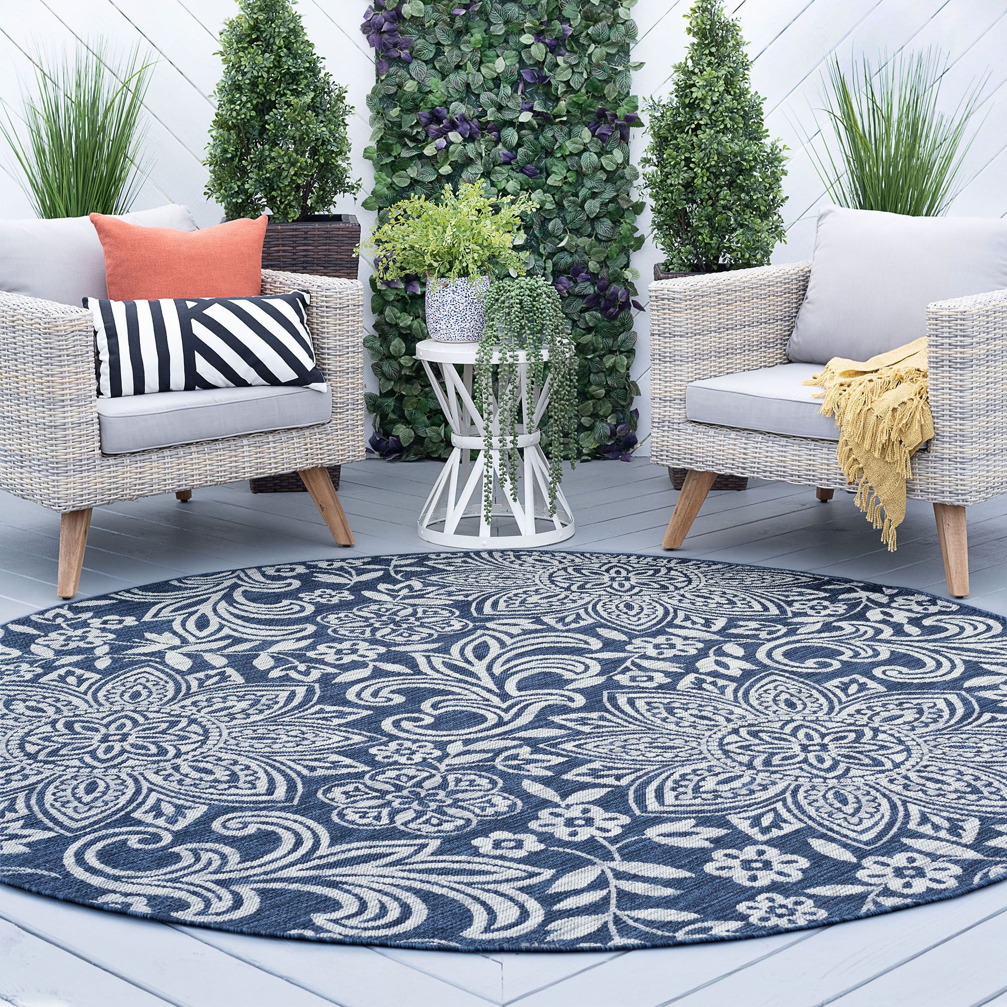 Tayse VND2607 8RND Veranda 8 x 8 (ft) Flatweave Polypropylene Blue Round Indoor/Outdoor Floral/Botanical Coastal Area rug
