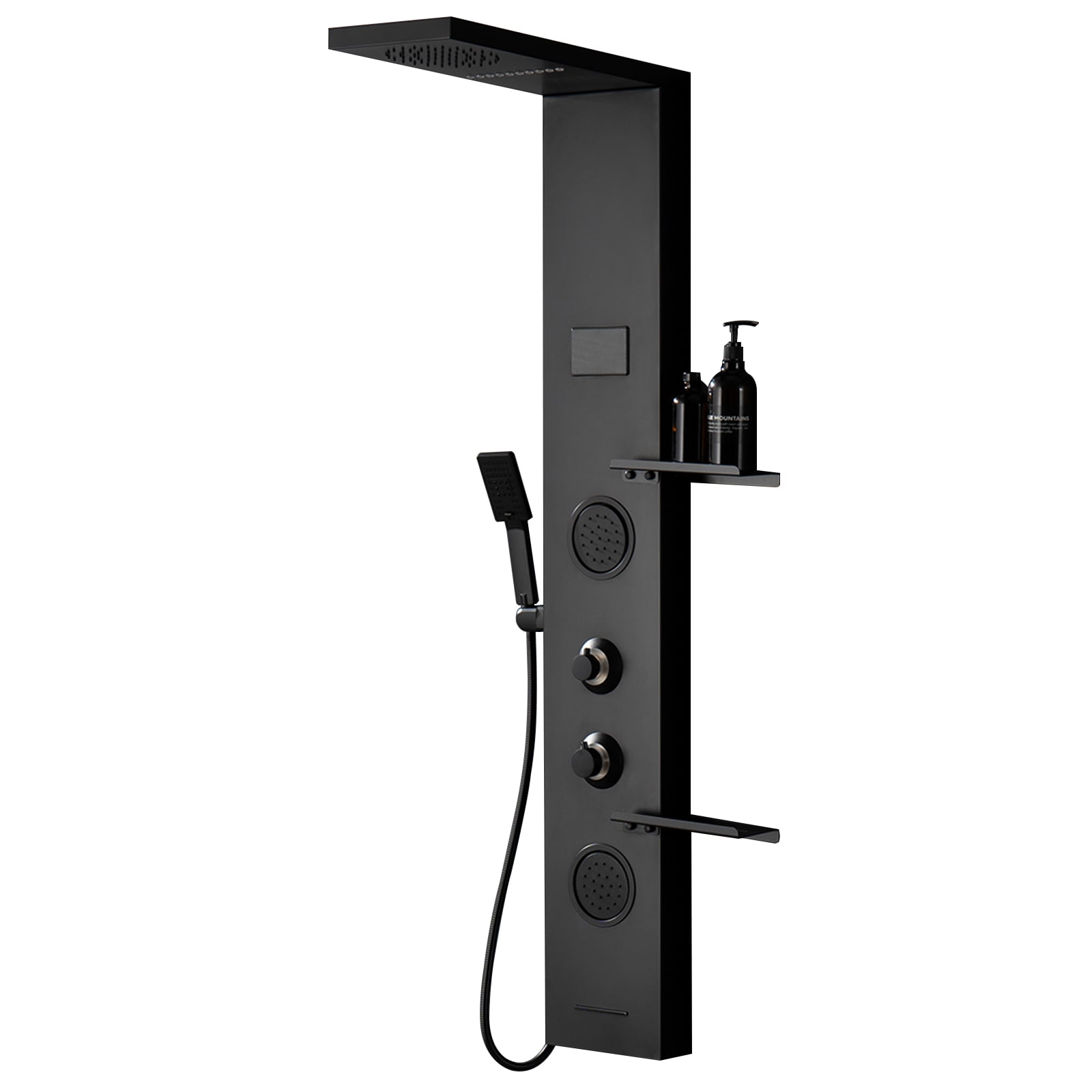 BWE YTP22-BLACK Onyx SPA All-in-One Matte Black 9-in Waterfall Dual Head Shower Tower System with 4-way Diverter ( Ceramic Disc Valve Included )