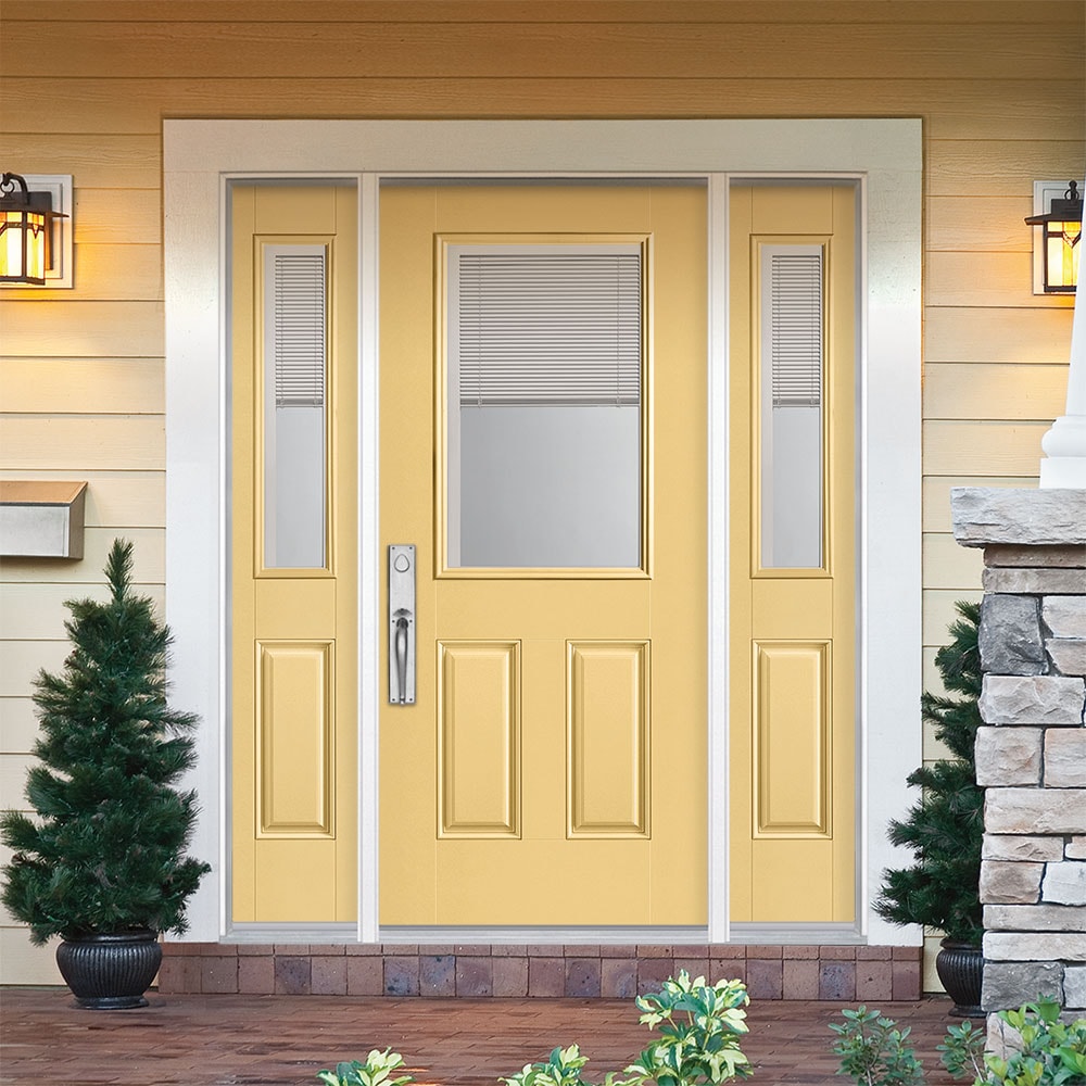 Masonite 1218502 60-in x 80-in x 4-9/16-in Fiberglass Half lite Right-hand inswing Cabana Yellow Painted Prehung Front Door with Sidelights with Brickmould Insulating core with Blinds