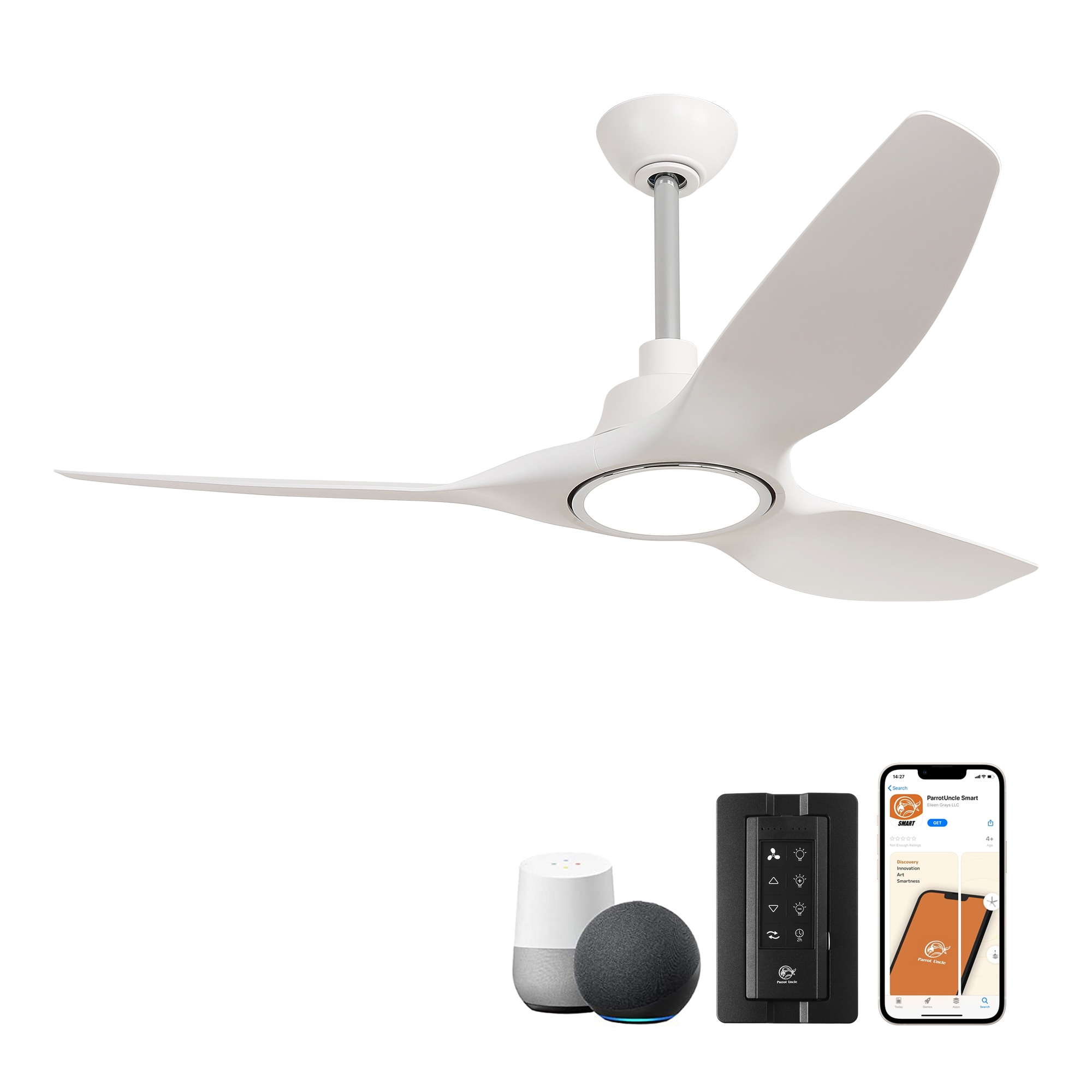 Parrot Uncle F6390WH-SMART Smart Fan 52-in Color-Changing Integrated LED Smart White with White Blades Ceiling Fan With Light - Remote Included ( 3 -Blade )