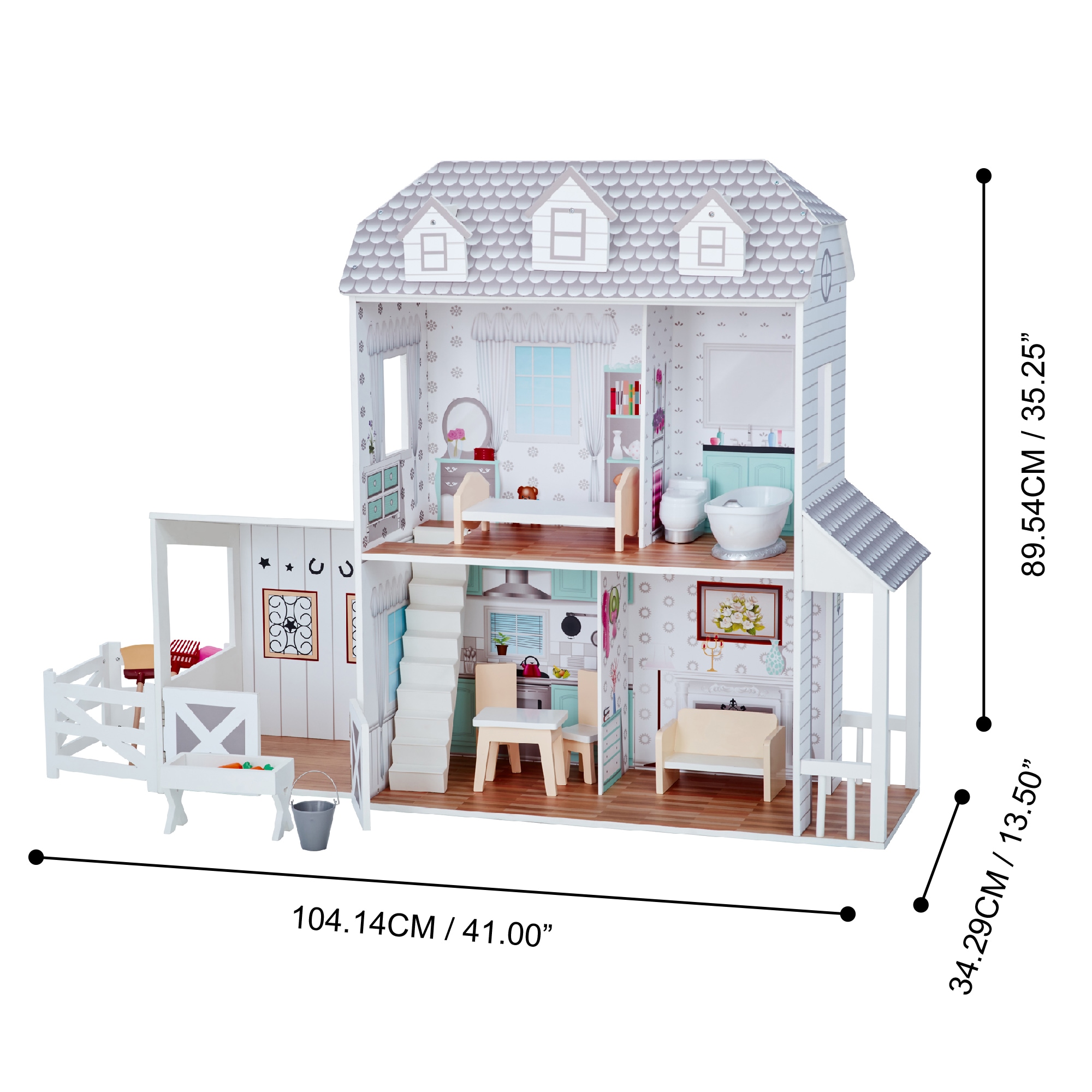 Lil' Jumbl XL Wooden Dollhouse 3 Story Doll House Set with Elevator &  Stairs