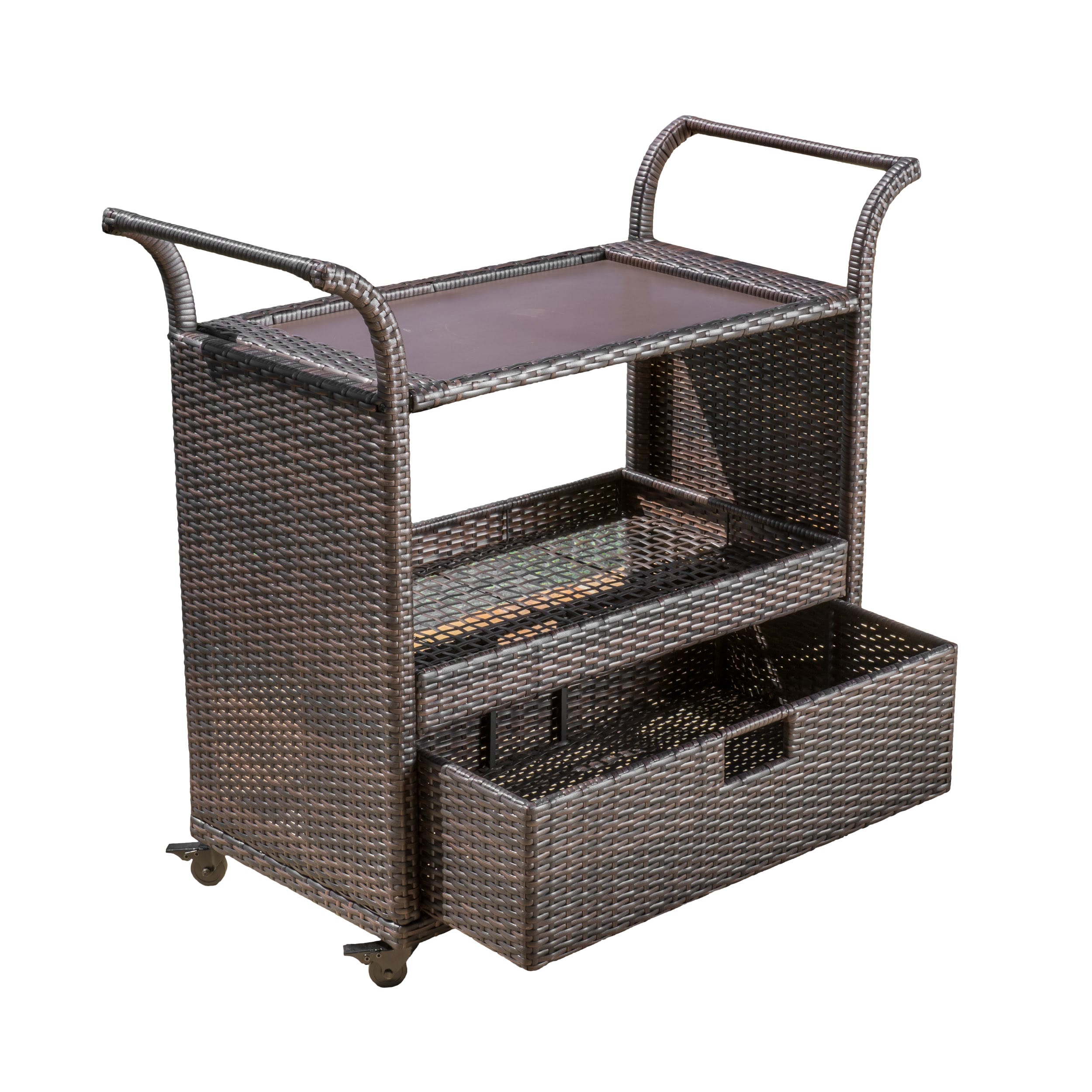 Rustic Side Table Rattan Bar Cart with Rolling Foot Woven Side Table