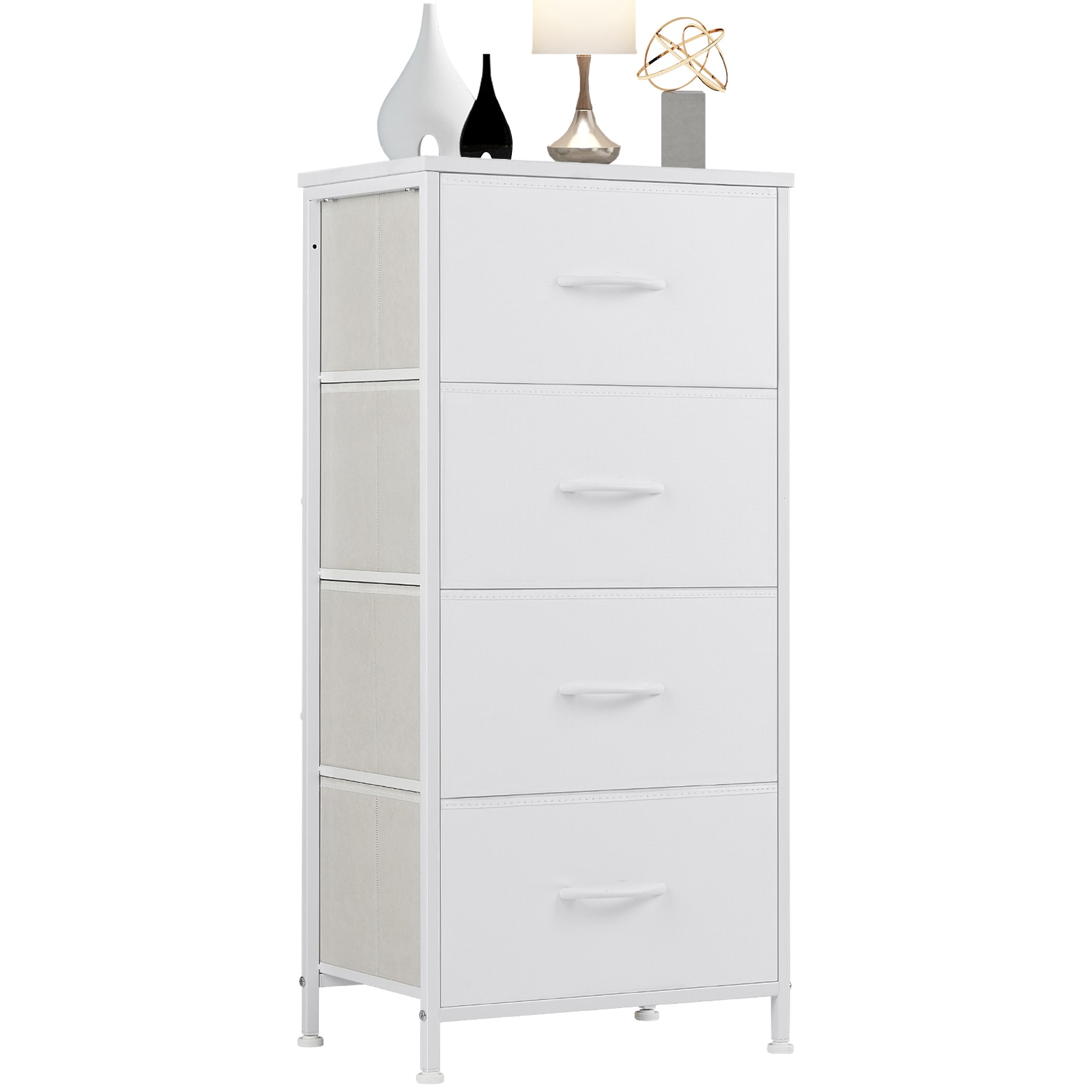 Sweetcrispy - White 4-Drawer Dresser Storage Organizer Chest with Metal Frame and Wood Top