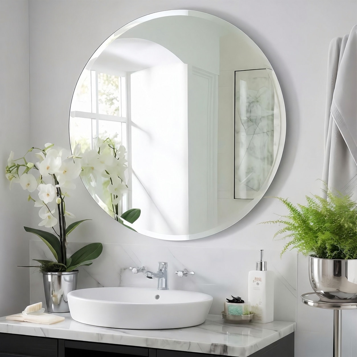 Phyfalip  Frameless Round Bathroom Mirror 24 Inch Circle Beveled Edge Moisture Proof Shatter Resistant HD Glass for Vanity Entryway Bedroom Easy