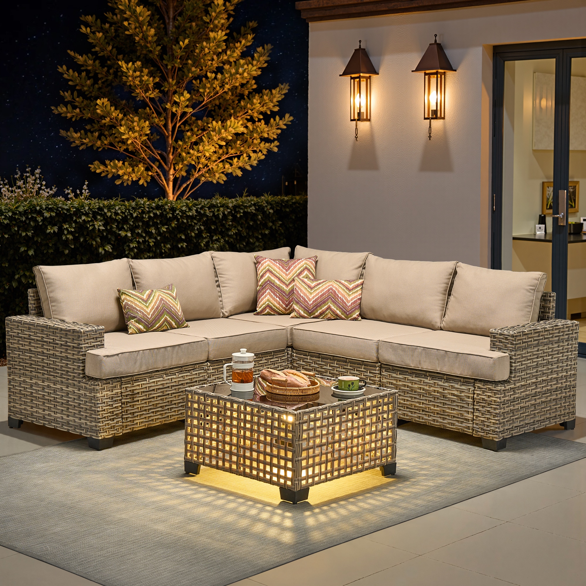 Pouuin STBS600-6 Wicker Outdoor Sectional with Beige Cushions and Wicker Frame