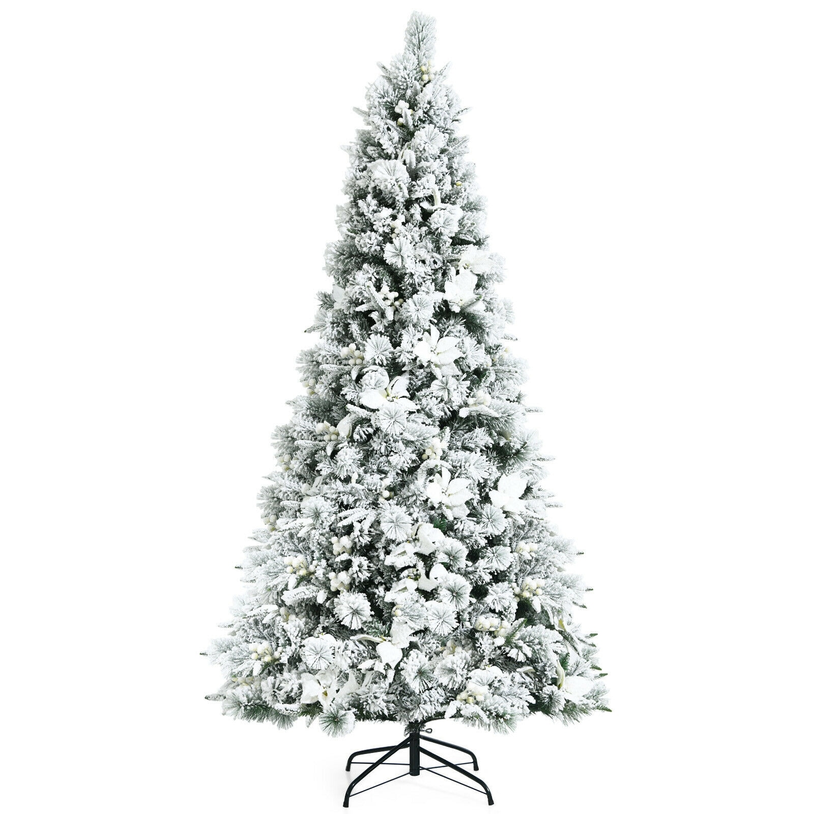 7-Foot Snow Flocked White Artificial Christmas Tree with Berries and Poinsettia Flowers