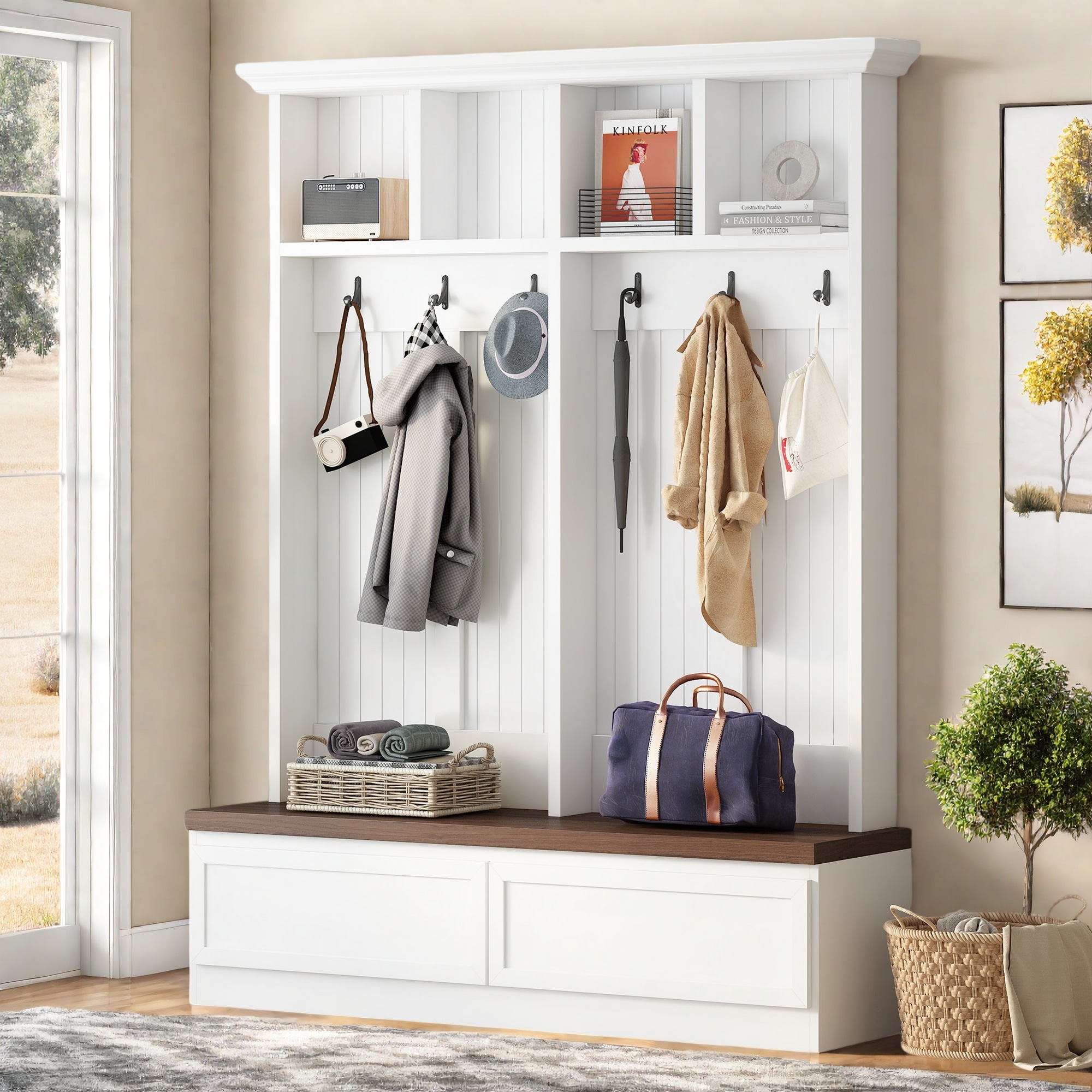 KTMBDW - 4-in-1 Hall Tree with Bench - Farmhouse Coat Rack with 2 Large Drawers and 4 Storage Cub...