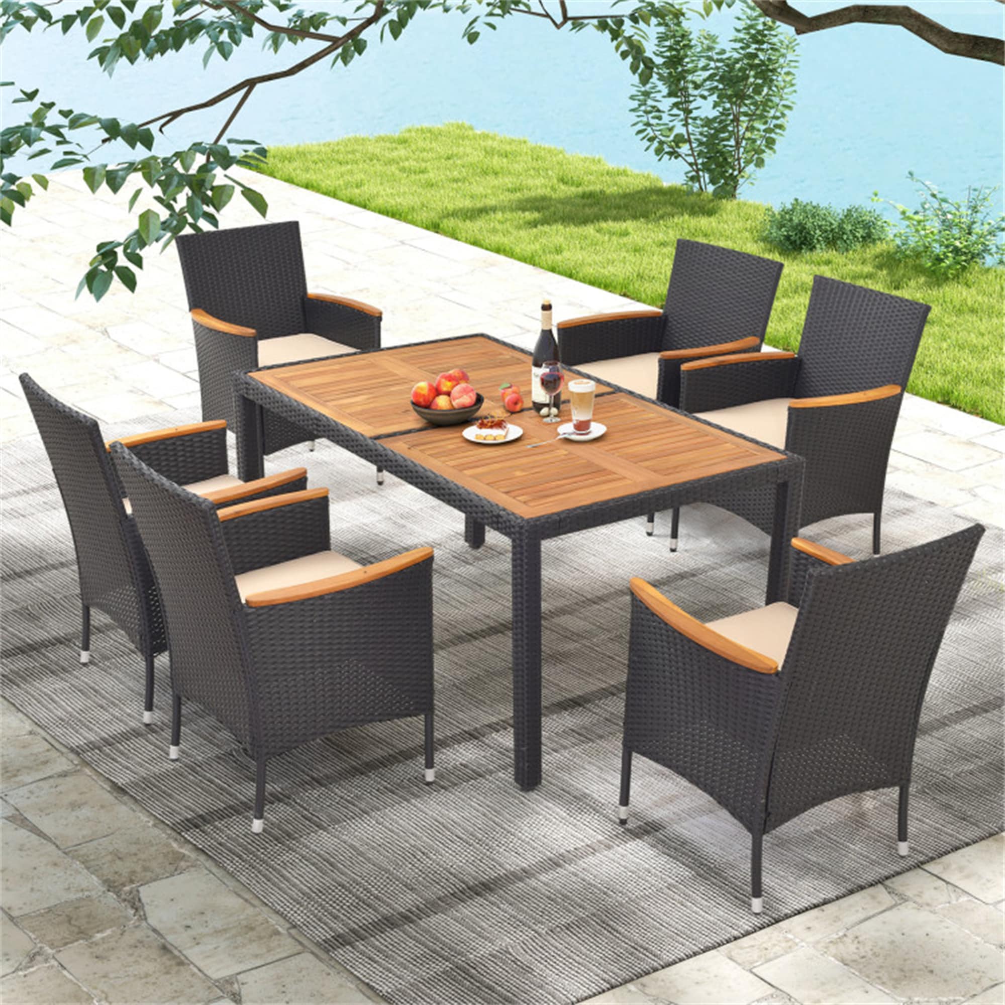 BABOOM BOM-10405+-CO Outdoor Dining Set 7 -Piece Black Rattan Patio Dining Set Wood Rectangle Table with 6 Off-white Cushions Stationary Chairs