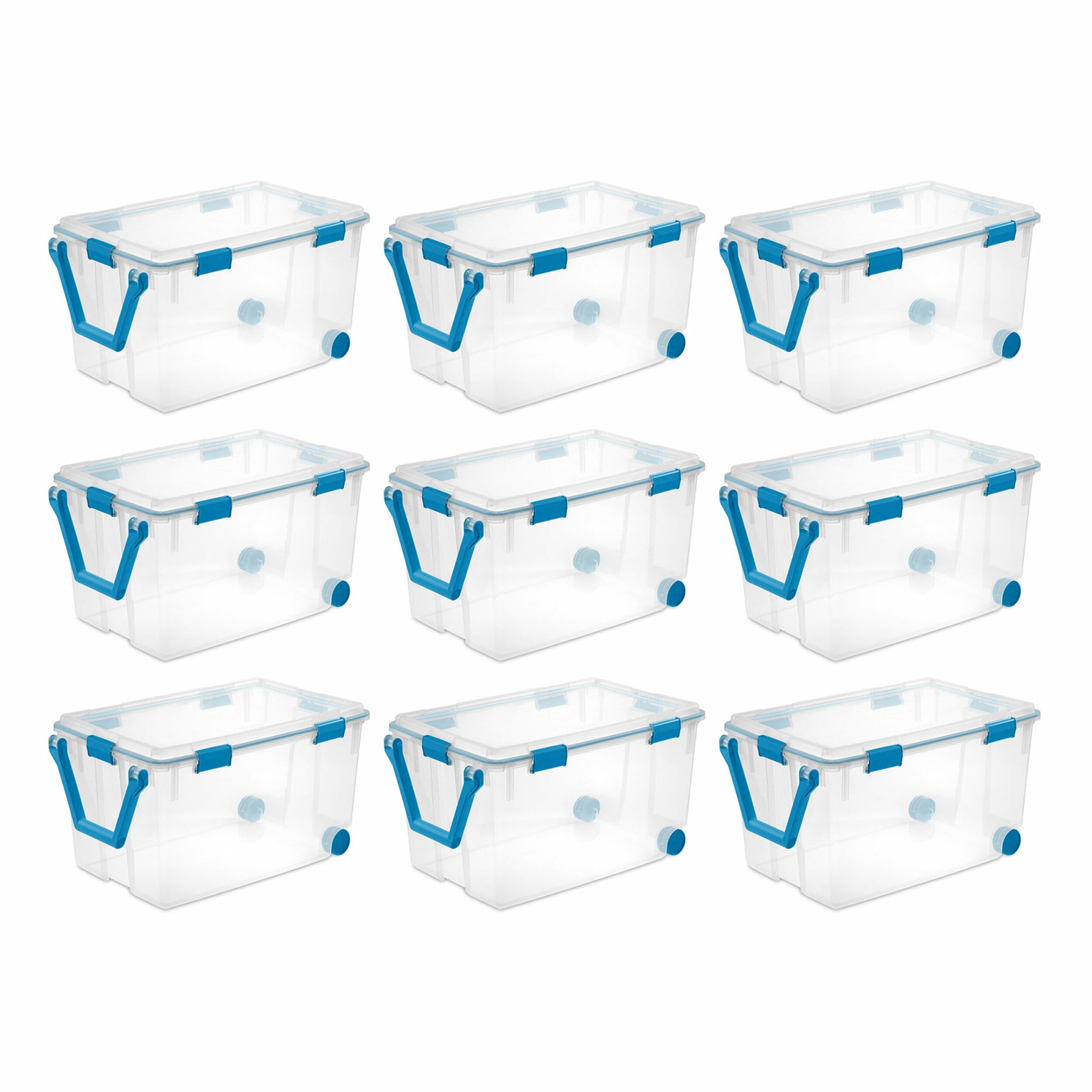 Sterilite 200875 9 -Pack Large 30 -Gallons ( 120 -Quarts ) Clear with blue handles, latches and wheels Weatherproof Stackable Tote with Latching Lid