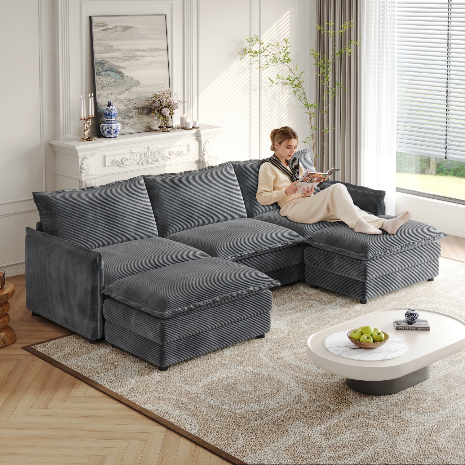Streamdale Furniture Streamdale Corduroy 3-Seater Cloud Couch with Footrests and Cushions in the Couches, Sofas & Loveseats department at