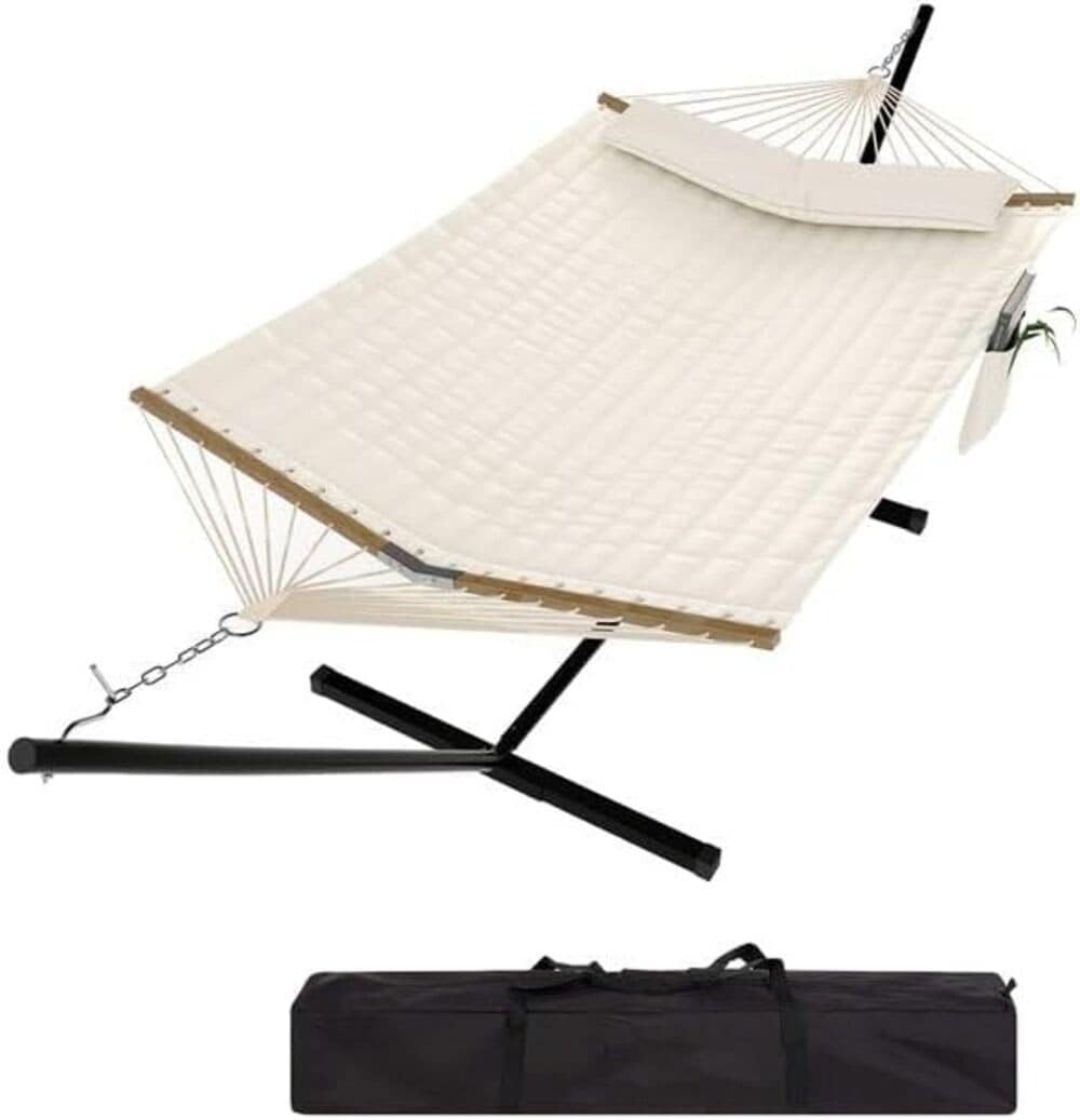 Qeetex LMY-PHO-356E533R 2 Person Hammock with Stand Heavys Duty 450LB Capacity Weather-Resistant Polyester Beige