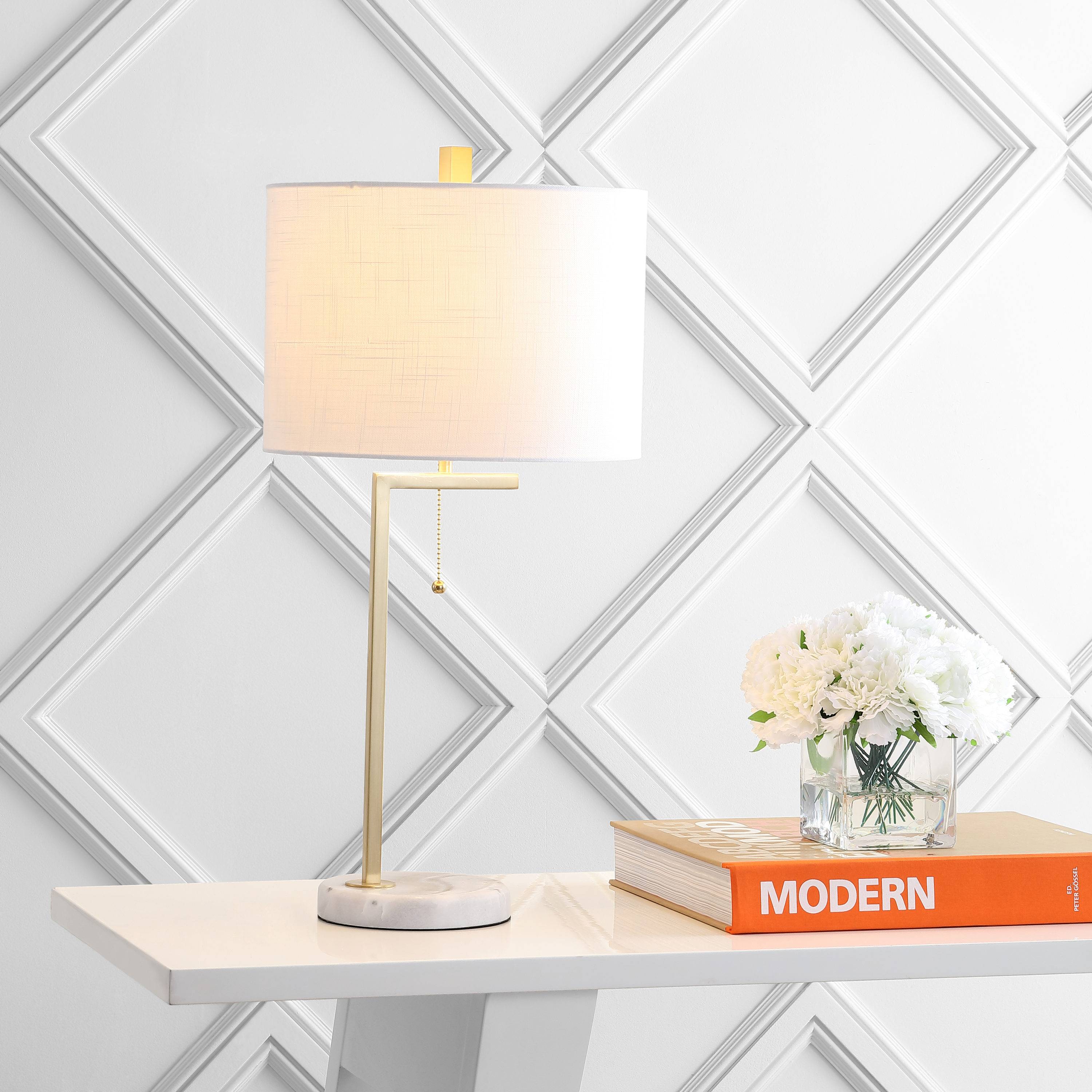 JONATHAN  Y JYL1043A Alyssa Minimalistic Metal/Marble 24.5-in Brass gold/white LED Pull-chain Table Lamp with Linen Shade