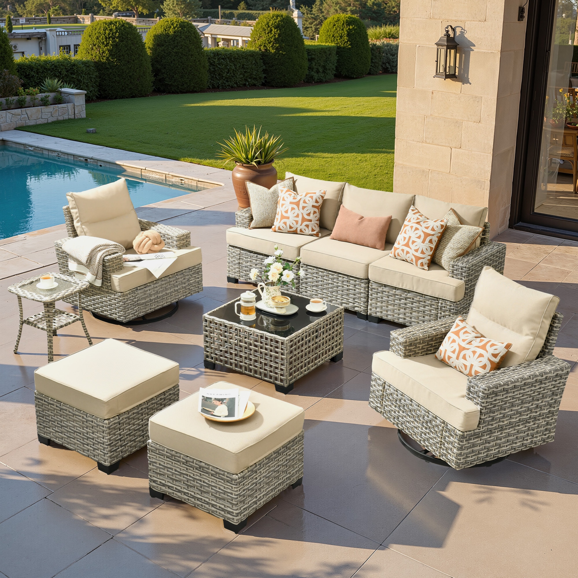 ALTRIGUS 6L-YZTBS6091-AL 9 -Piece Wicker Patio Sofa Conversation Set with Beige Cushions