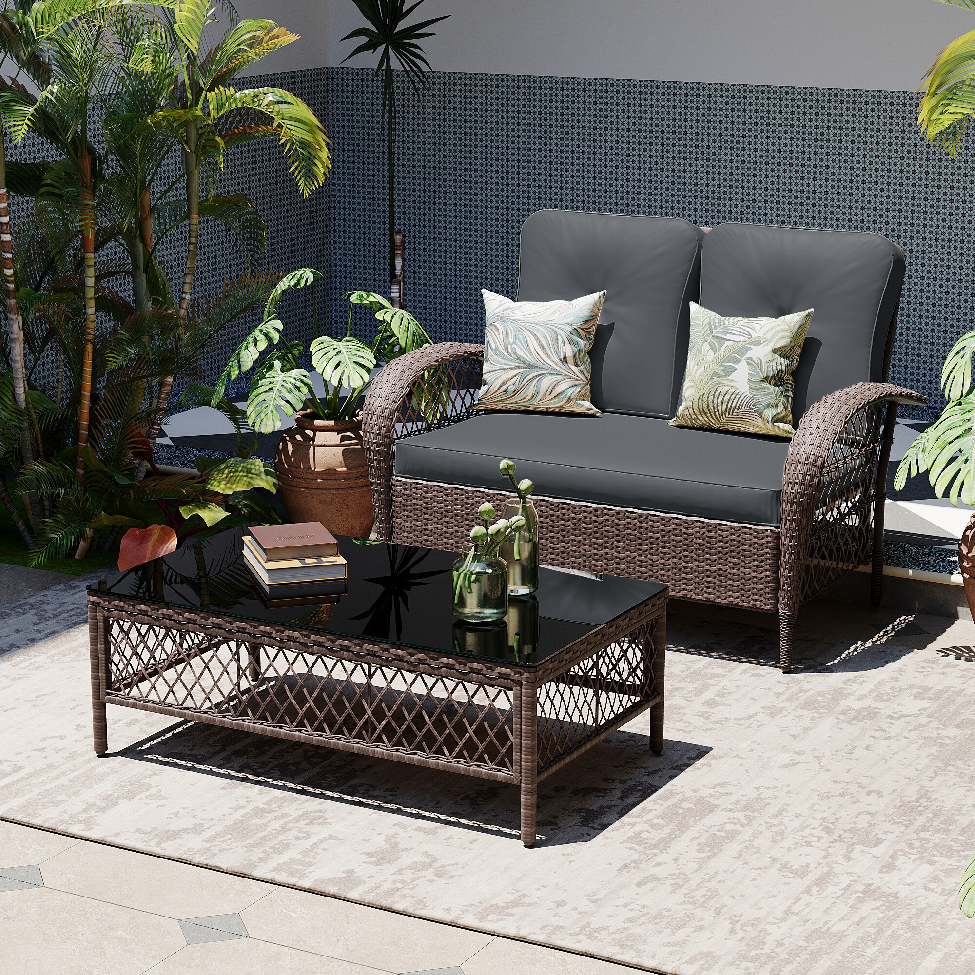 Patio Watcher LHBR-B-DGRAY 2-Piece Rattan Patio Conversation Set with Gray Brown Cushions