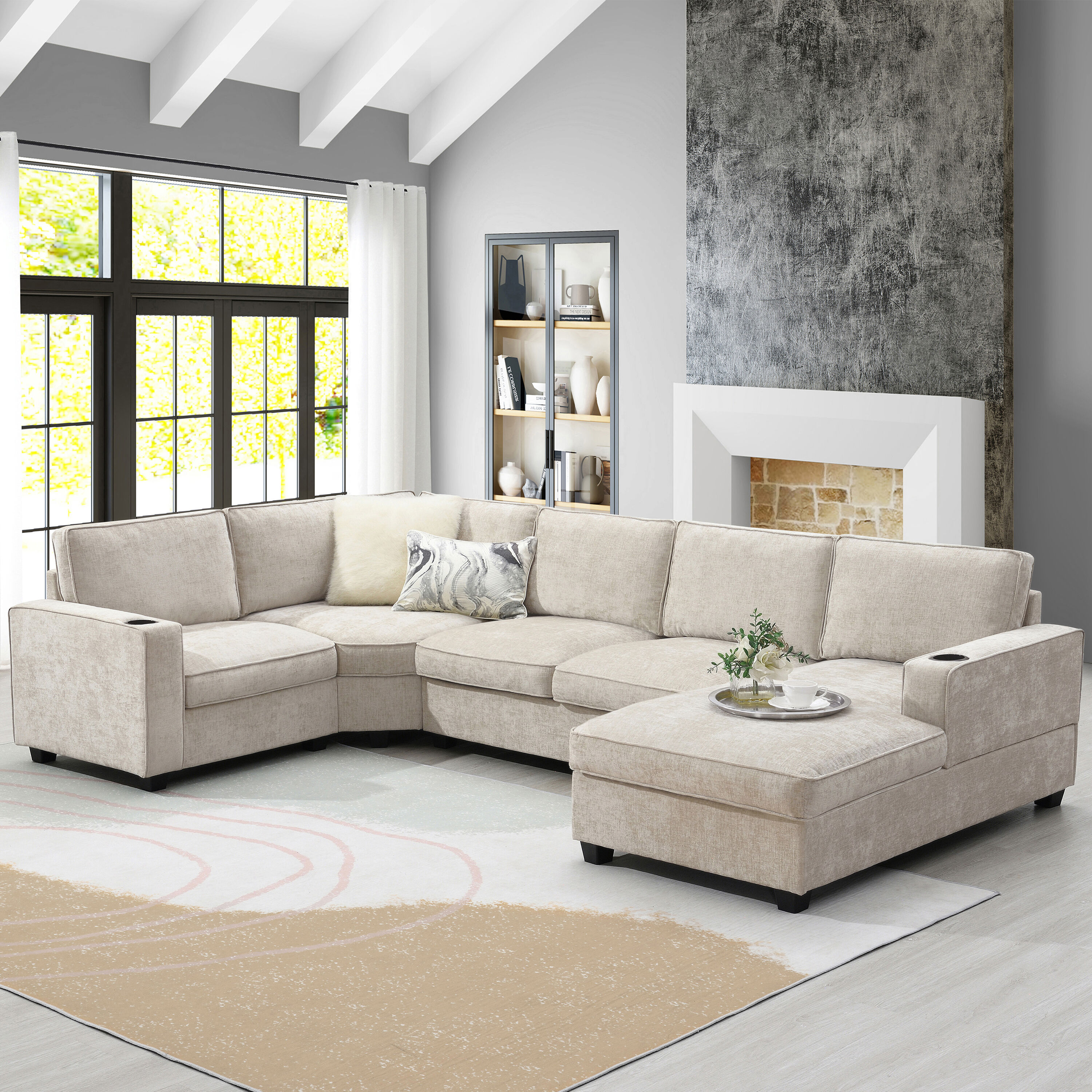 ModernLuxe N723S1197K U Shaped Sectional Sofa6 Seat Chenille Corner Couch Set with Oversized Chaise LoungeIrregular CornerDeep and Wide Seat Comfy Sofa with Cup Holders for Living RoomApartment2 Colors