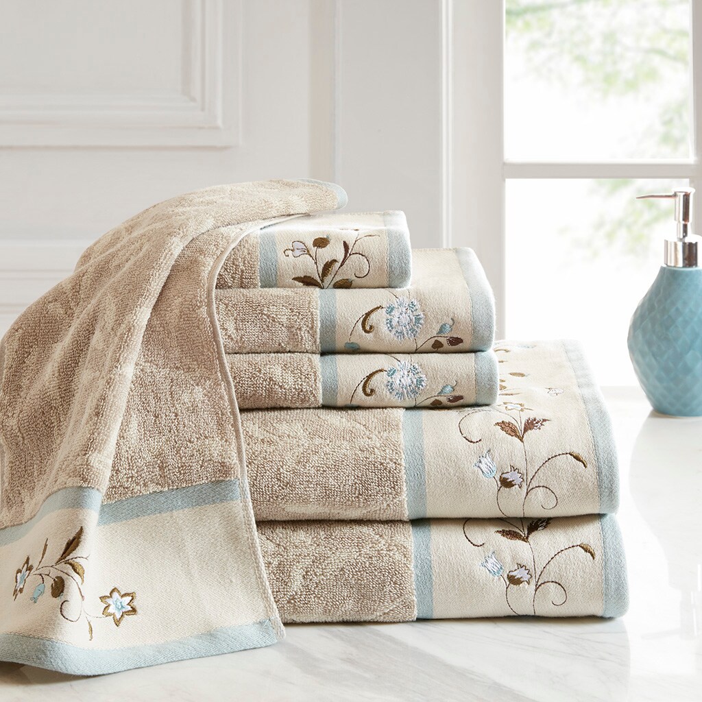 BEARSOLIM Blue Embroidered Cotton Jacquard 6 Piece Towel Set