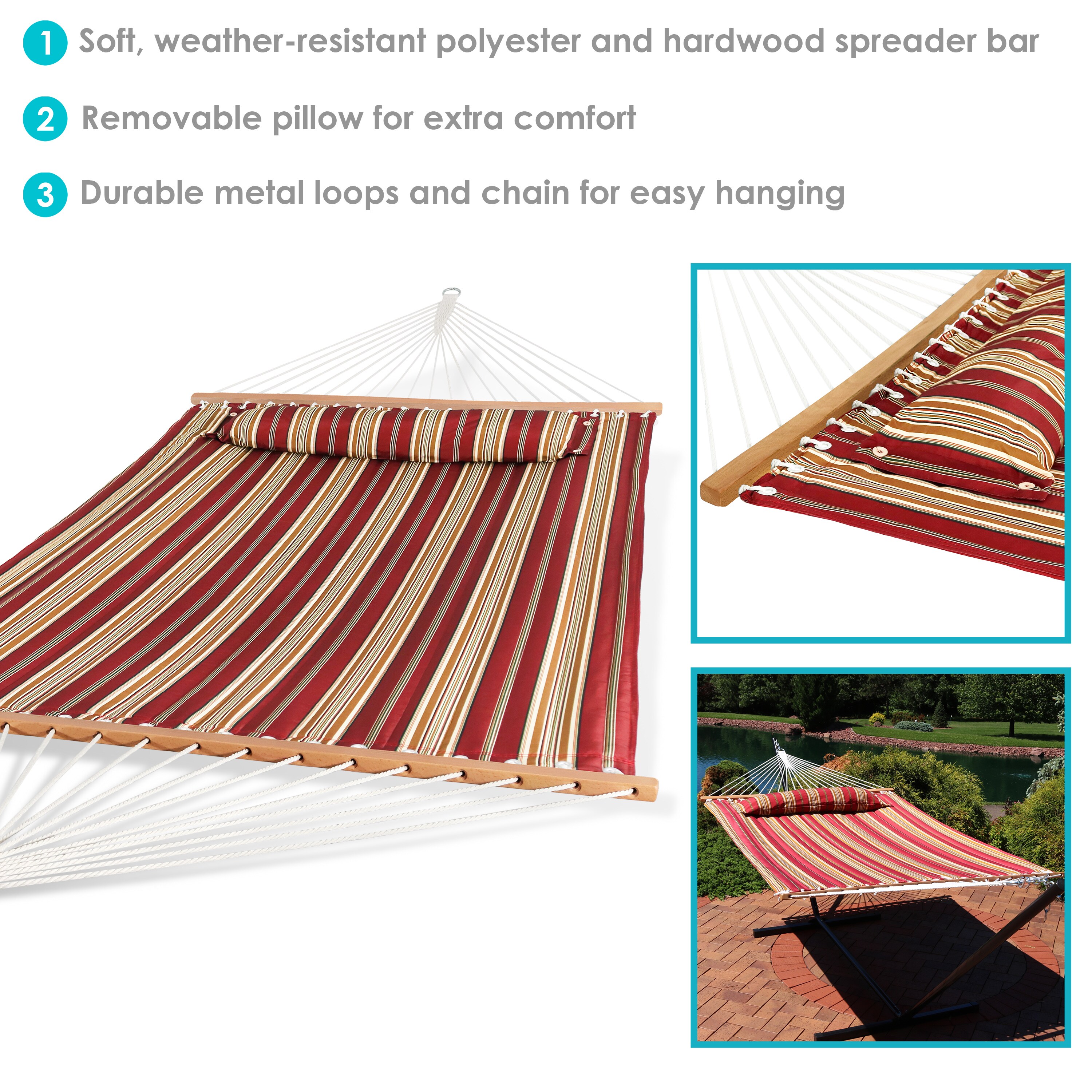 Sunnydaze Red Stripe Quilted Polyester Double Hammock with Spreader Bars