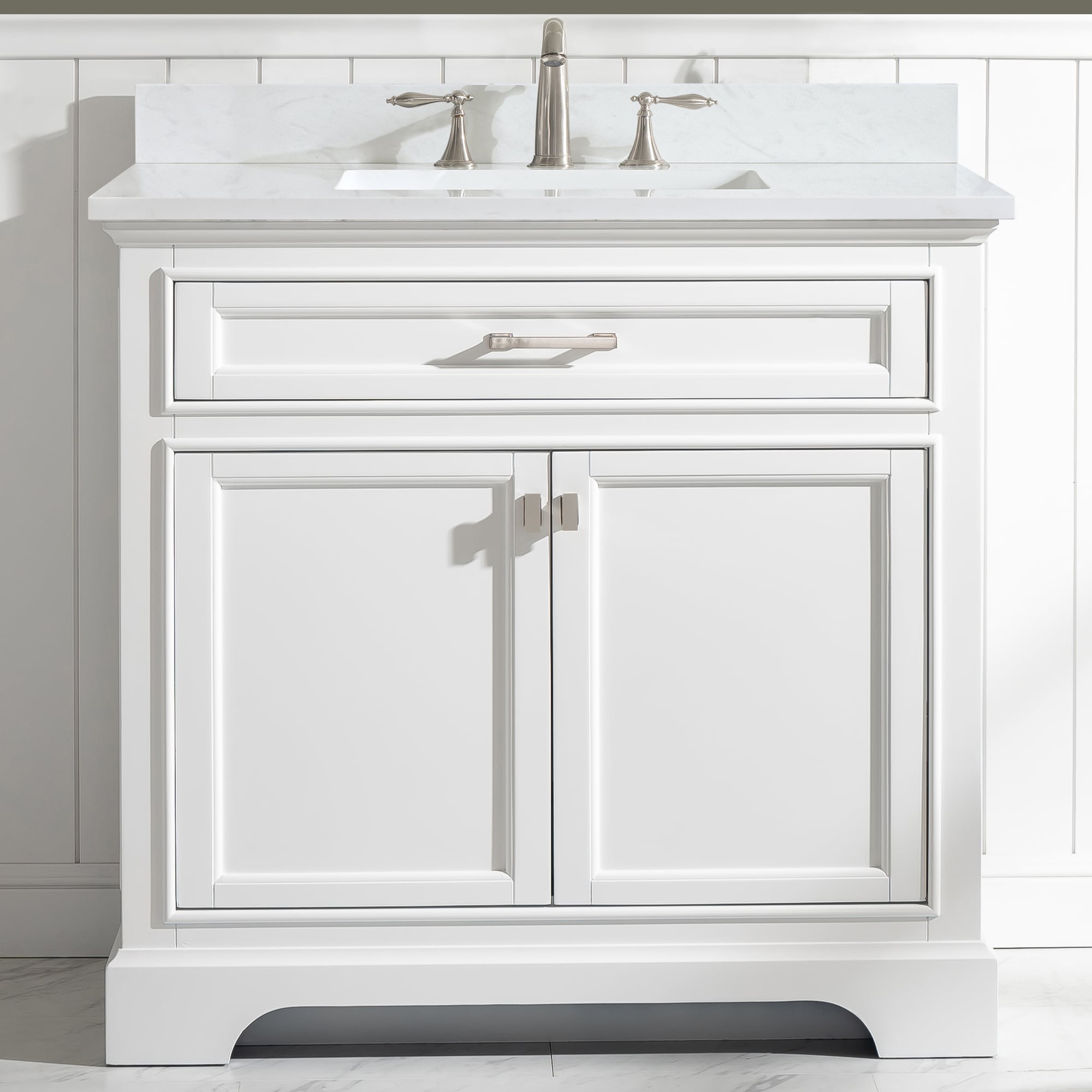 Design Element ML-36-WT Milano 36-in White Undermount Single Sink Bathroom Vanity with White Quartz Top