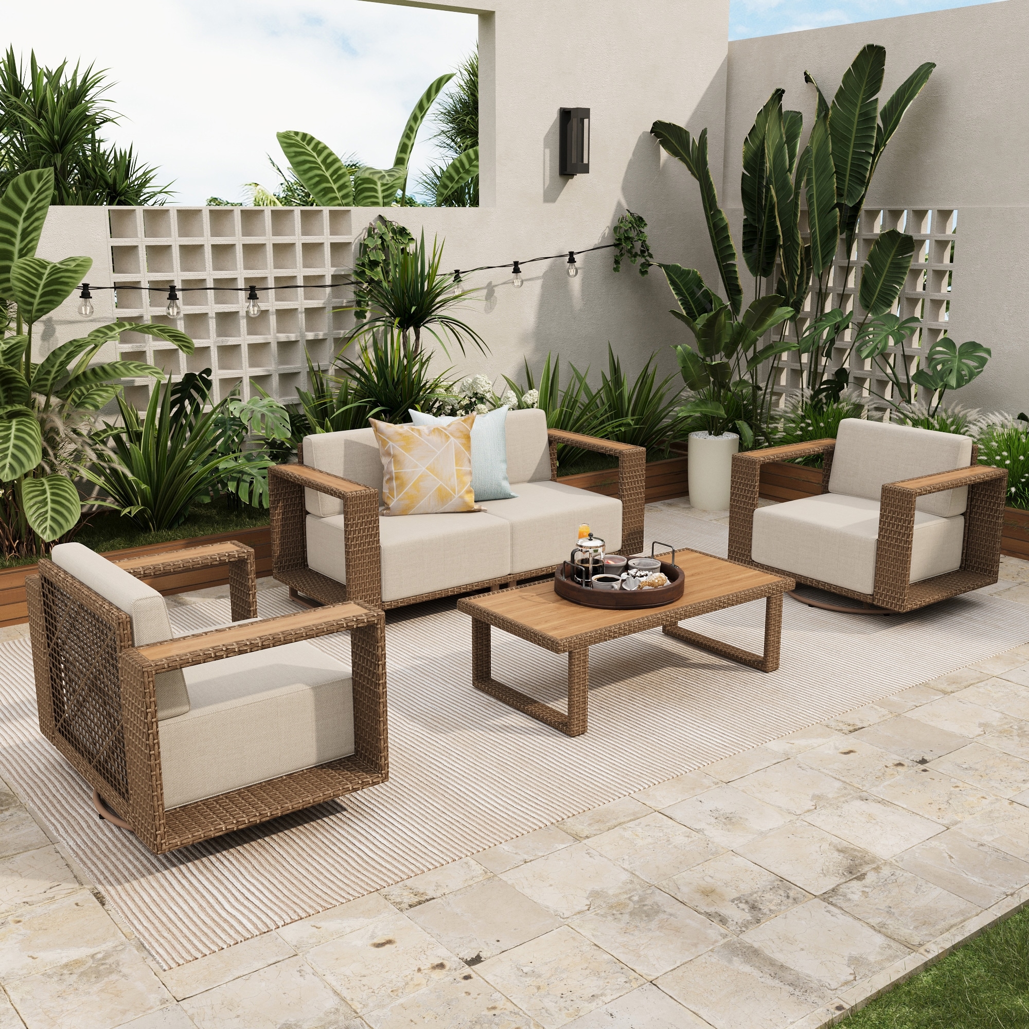 Sunshine Valley 4 -Piece Wicker Patio Conversation Set with Beige Cushions