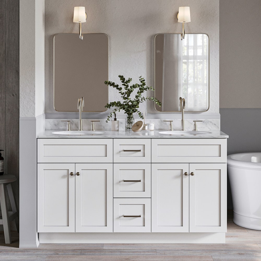 ARIEL F061DCW2OVOWHT Hamlet 61-in White Undermount Double sink Bathroom Vanity with 0.75" Carrara White Marble Natural marble Top