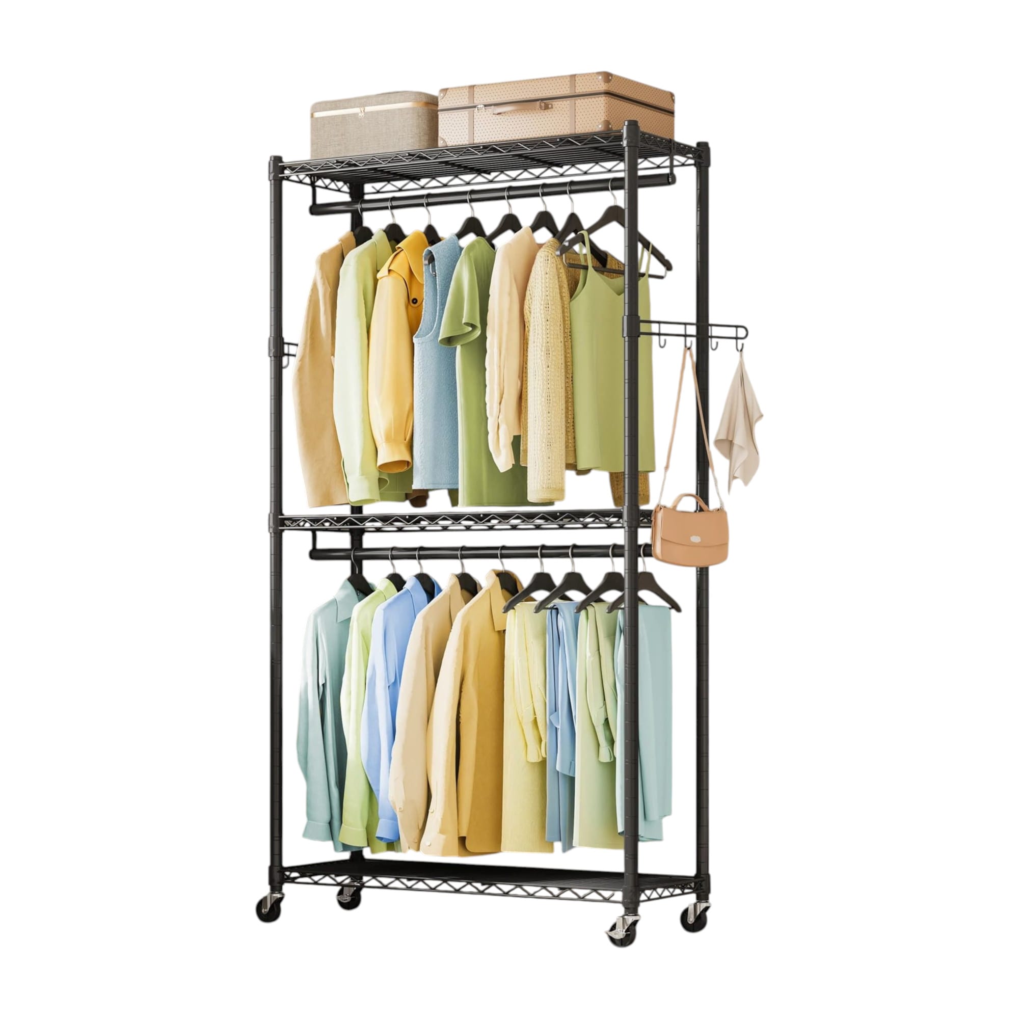Slickblue - Ink Black Steel Garment Rack with Wheels Adjustable Shelves and Hooks for Bedroom Lau...