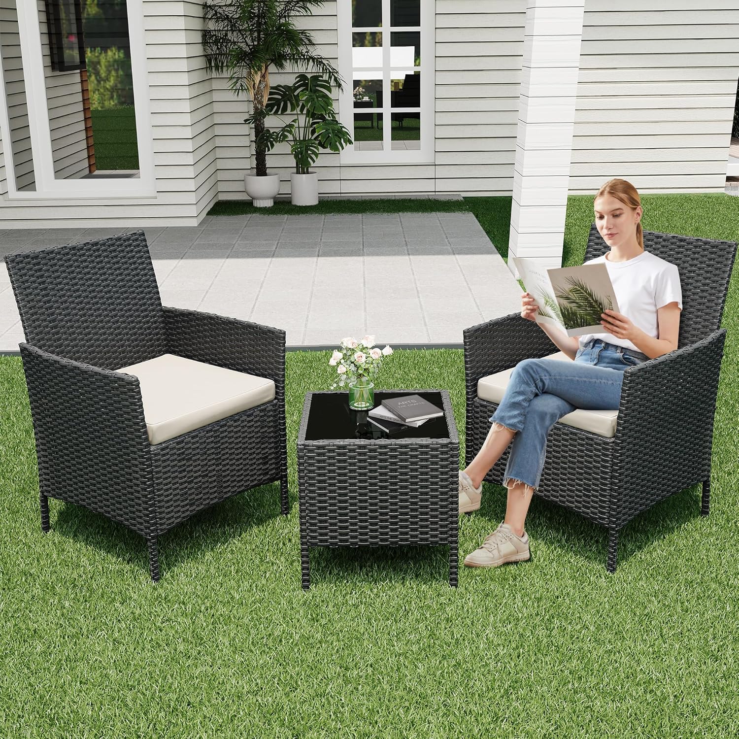 Qeetex LHF-DYQ-PHO-34ULT4UH 3 Piece Patio Set PE Rattan Patio Conversation Set with 2 Chairs and 1 Coffee Table Outdoor Patio Furniture Set for Patio Front Porch Balcony Bistro - Black
