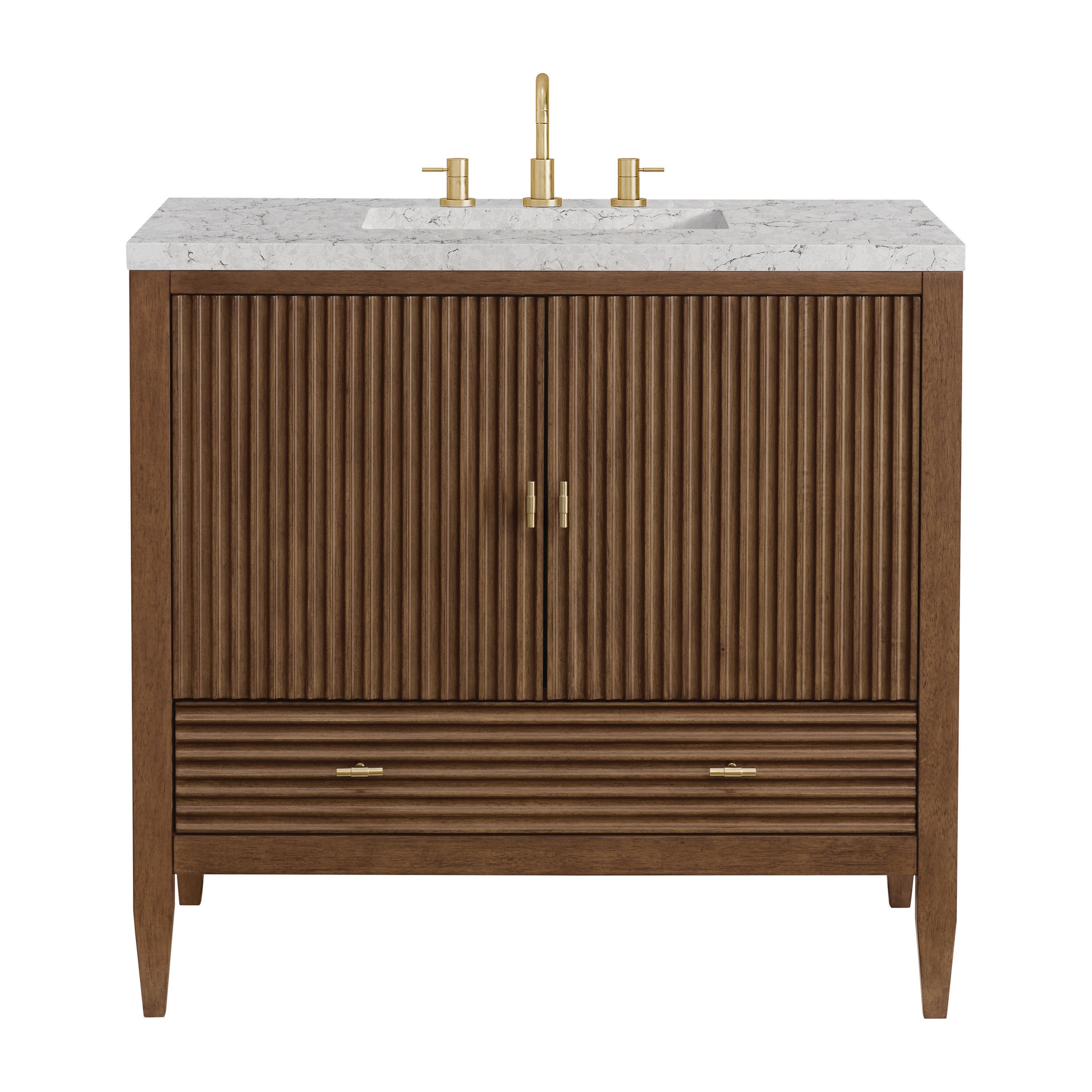 James Martin Vanities 485-V36-WLT-3EJP Myrrin 36-in Mid-Century Walnut Undermount Single Sink Bathroom Vanity with Eternal Jasmine Pearl Quartz Top