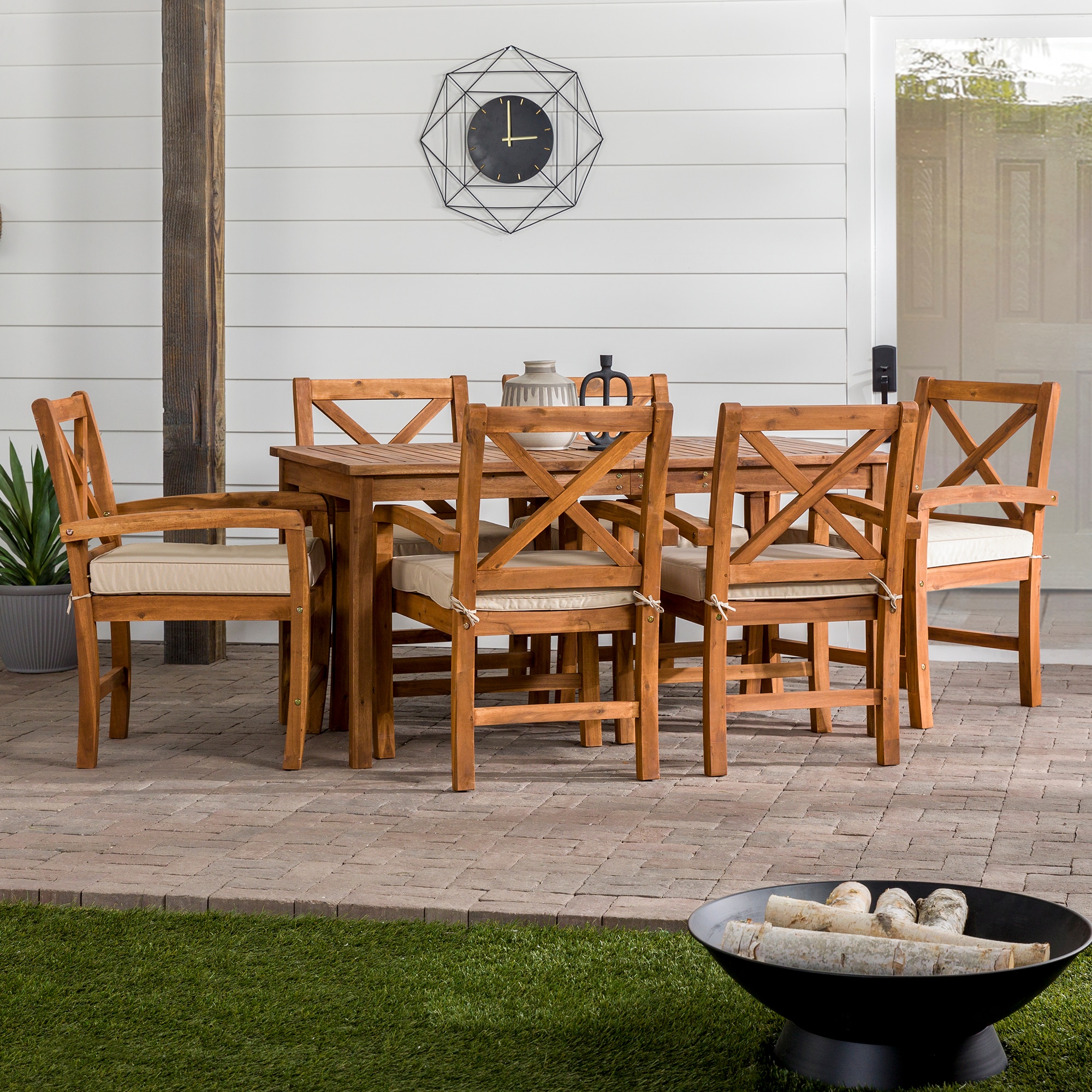 Walker Edison LWW7XSDTBR 7 -Piece Brown Patio Dining Set Wood Rectangle Table with 6 Tan Cushions Stationary Chairs