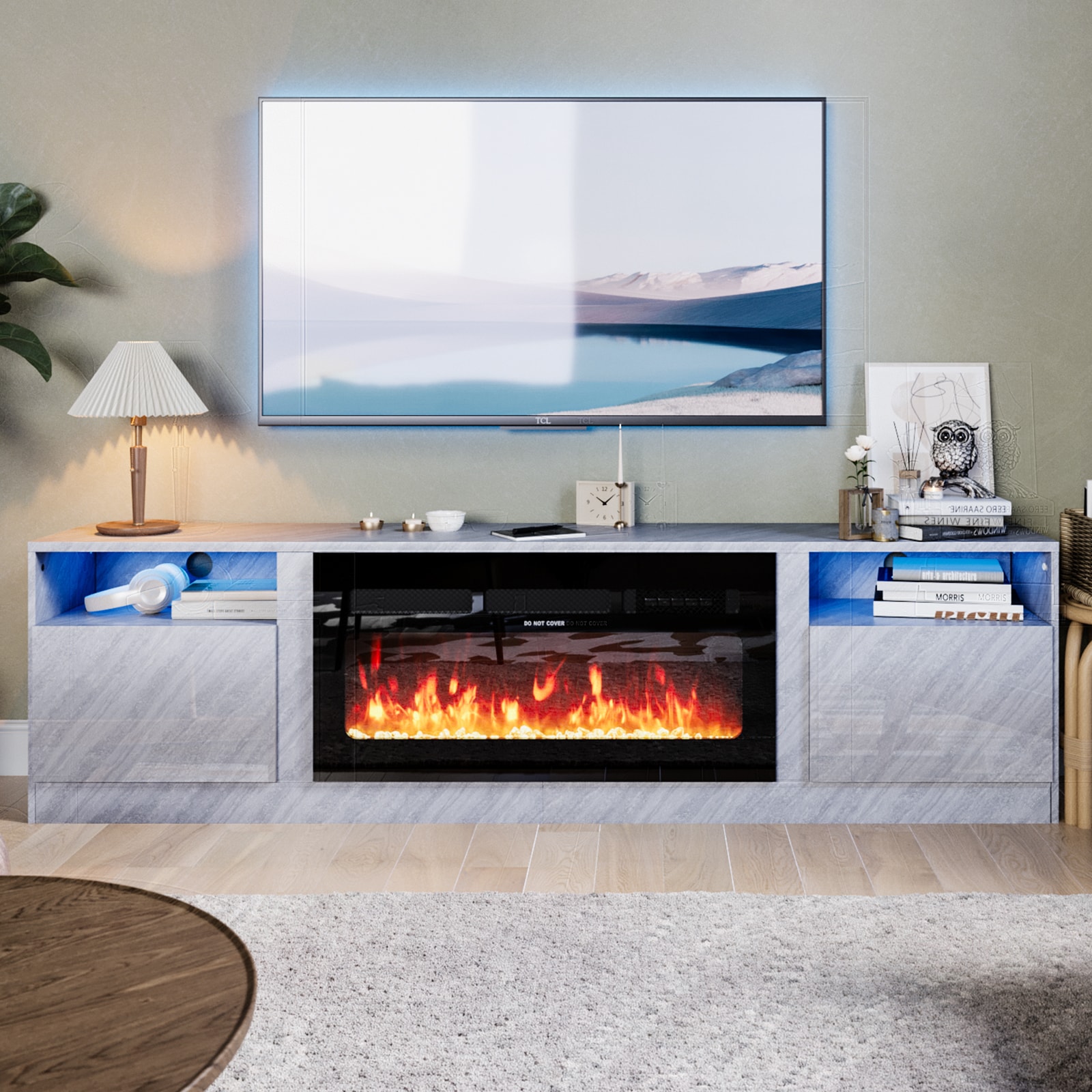 AOXUN 79-in W Gray TV Stand with LED Electric Fireplace H21028GR+H20023 Sansujyuku sansujyuku.com