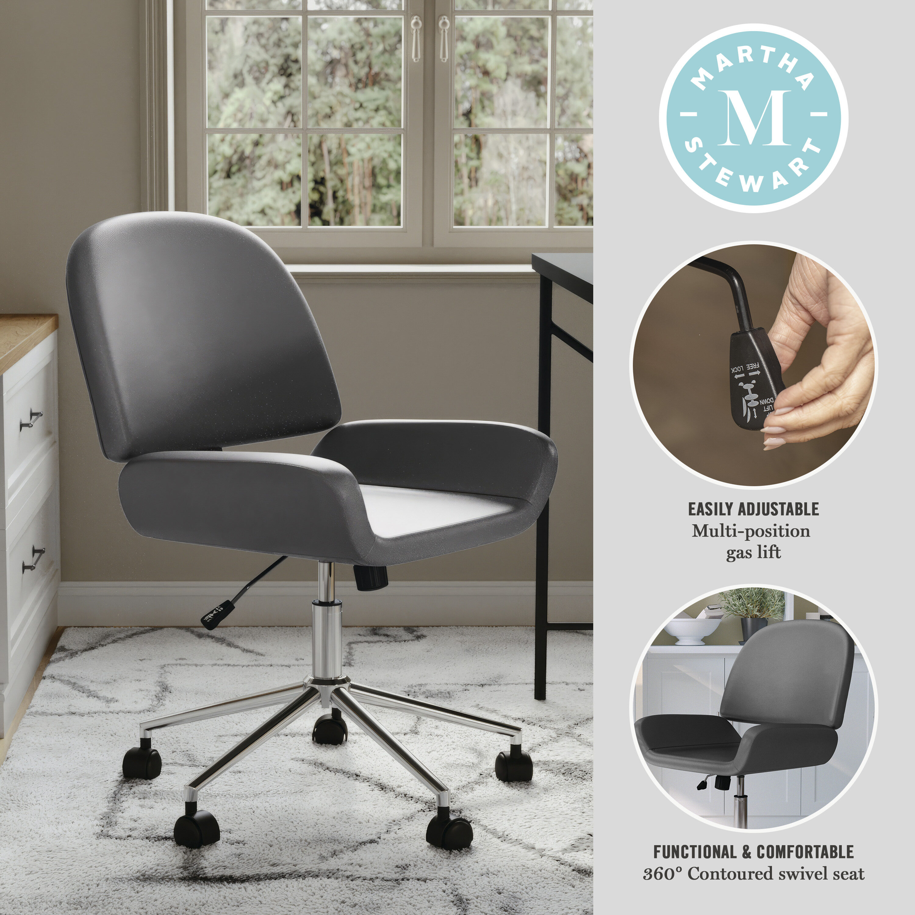 Gray Faux Leather Armless Swivel Office Chair with Polished Nickel Frame