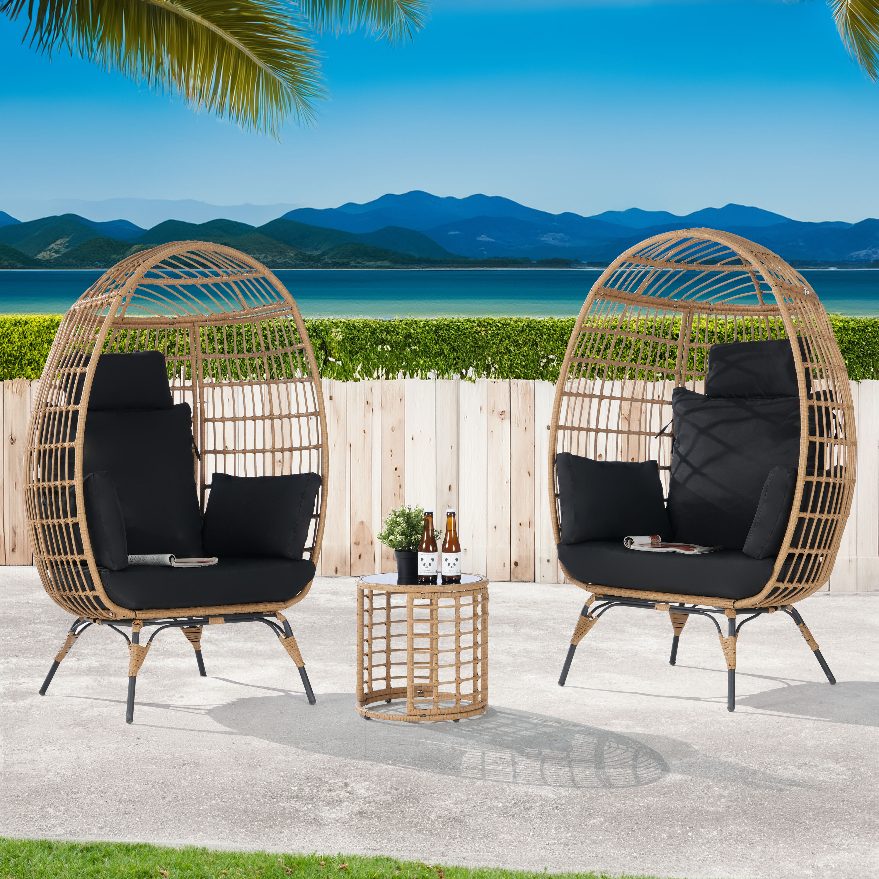 SANSTAR L-JDC56BK-3P 3 -Piece Wicker Patio Conversation Set with Black Cushions