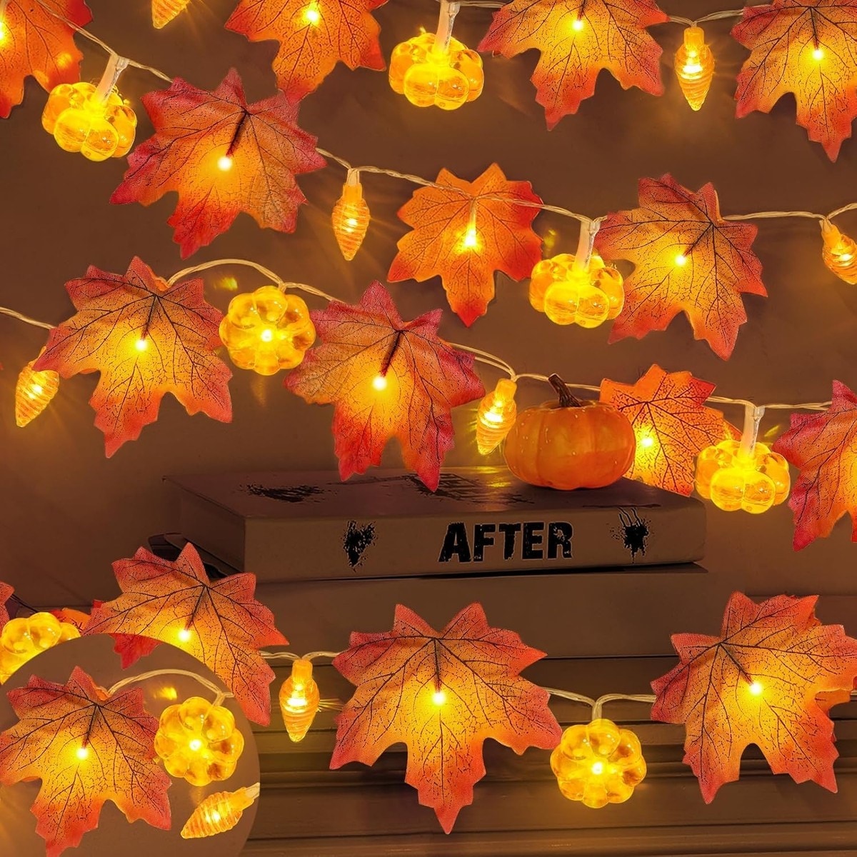 ZXQJRAQ  2 Pack Fall Maple Leaves Garland with 40 LED Lights Battery Operated Warm White for Home Table Fireplace Mantle