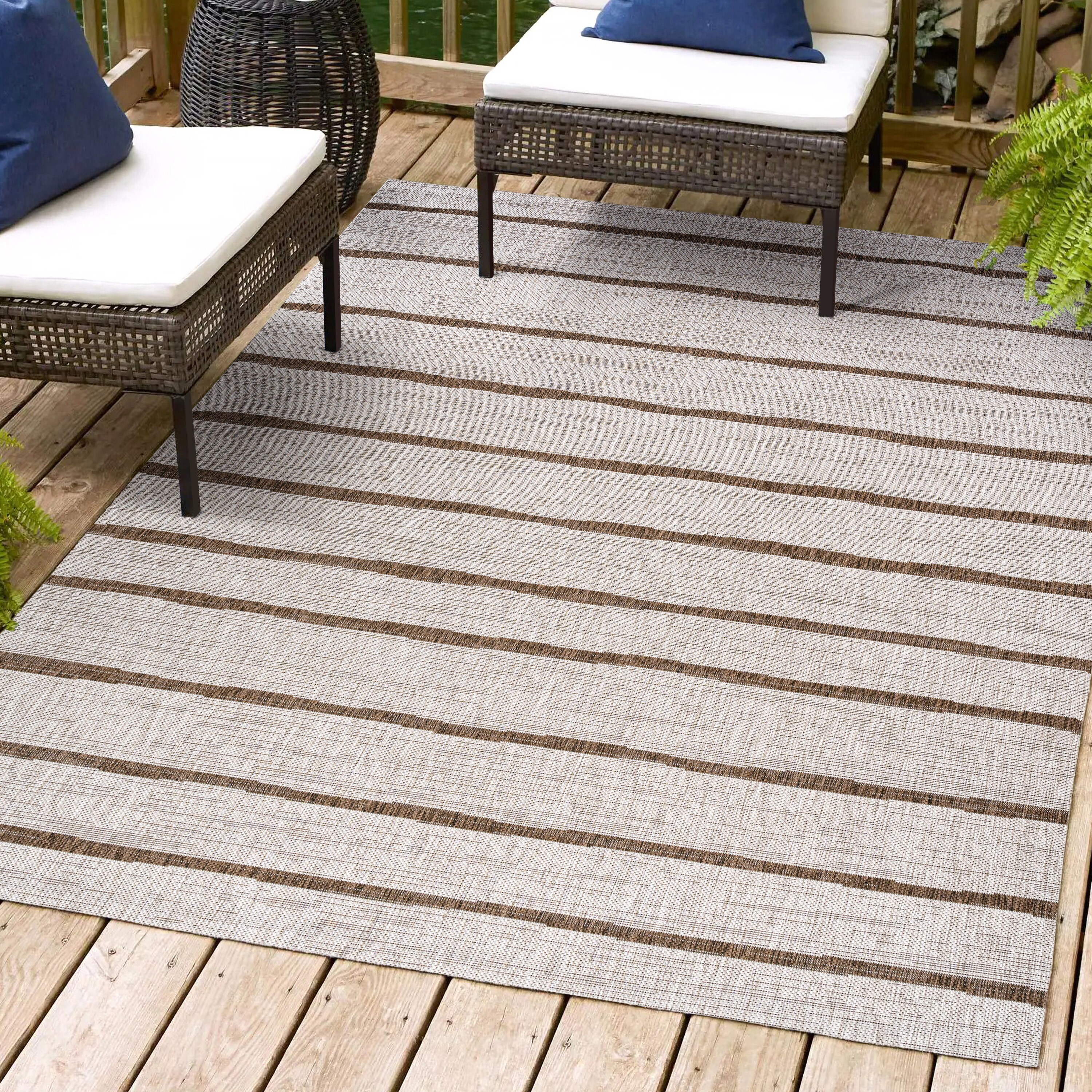 Beige and Brown Synthetic Rectangular Indoor/Outdoor Area Rug