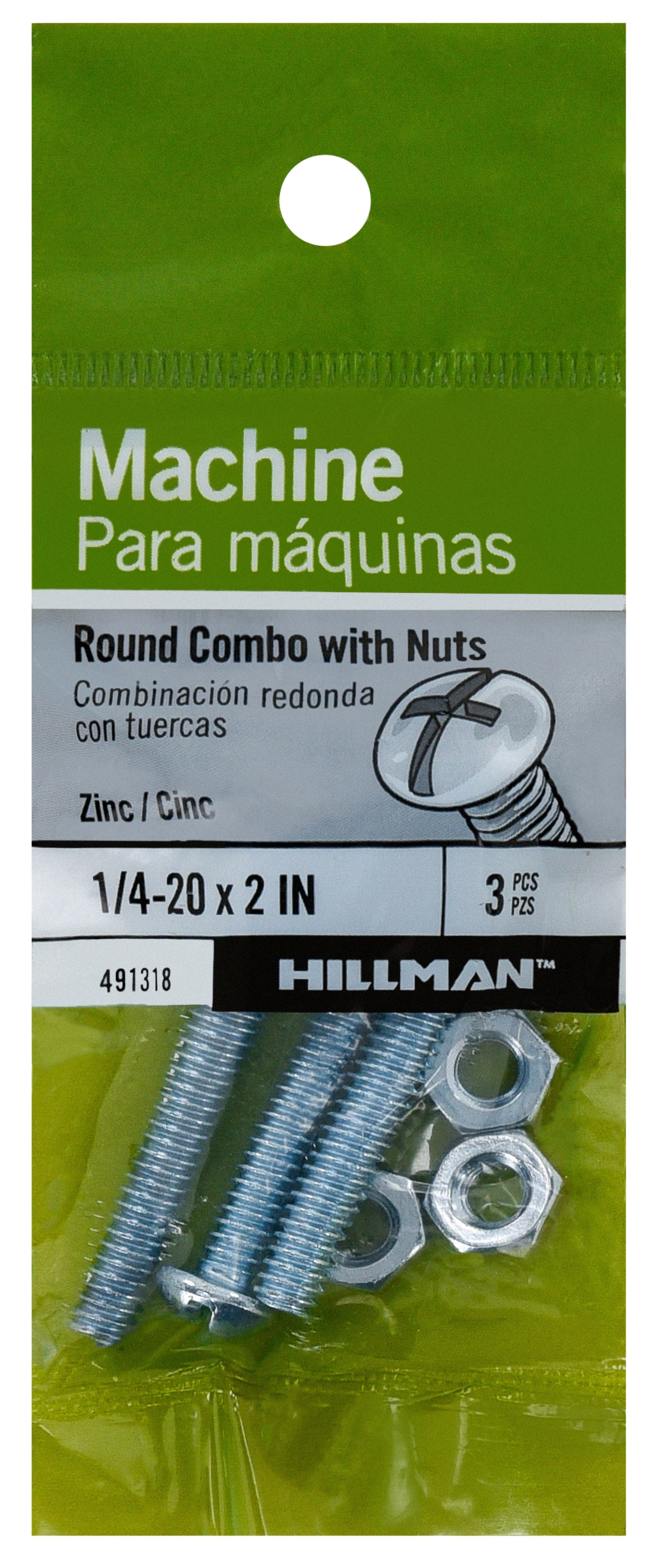 Hillman 491318 1/4-in - 20 x 2-in Phillips/Slotted combination -Drive Machine screws ( 3 -Count )